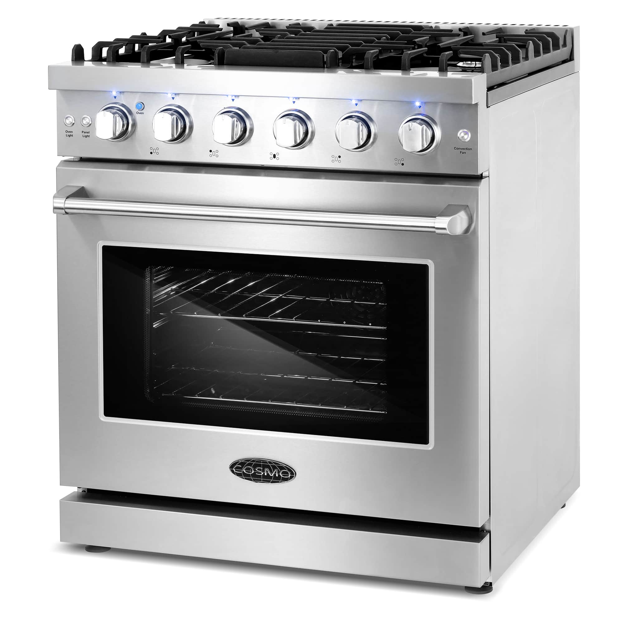 Stainless steel freestanding gas range with cooktop grates and closed oven door window