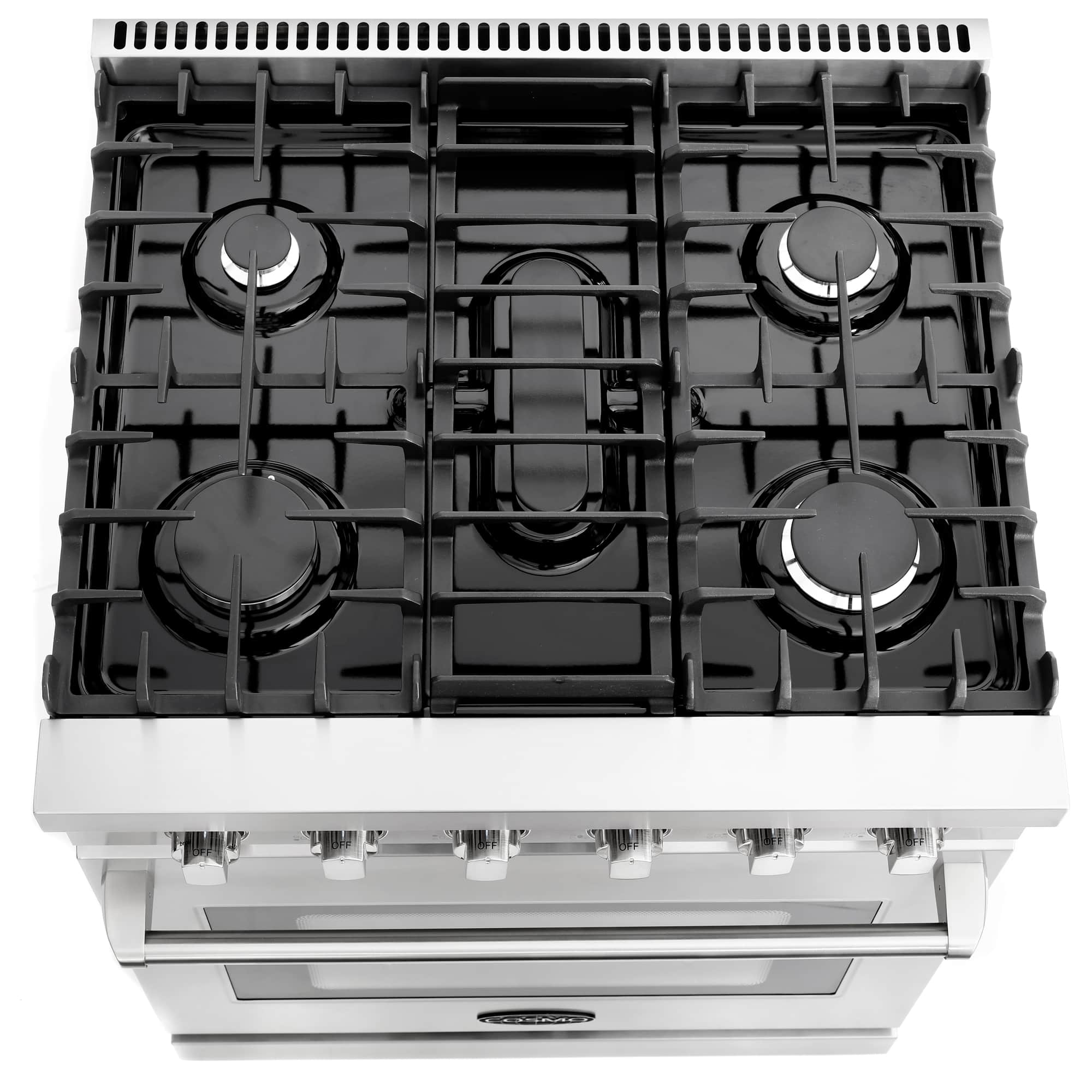 Stainless gas range cooktop with five sealed burners and black grates