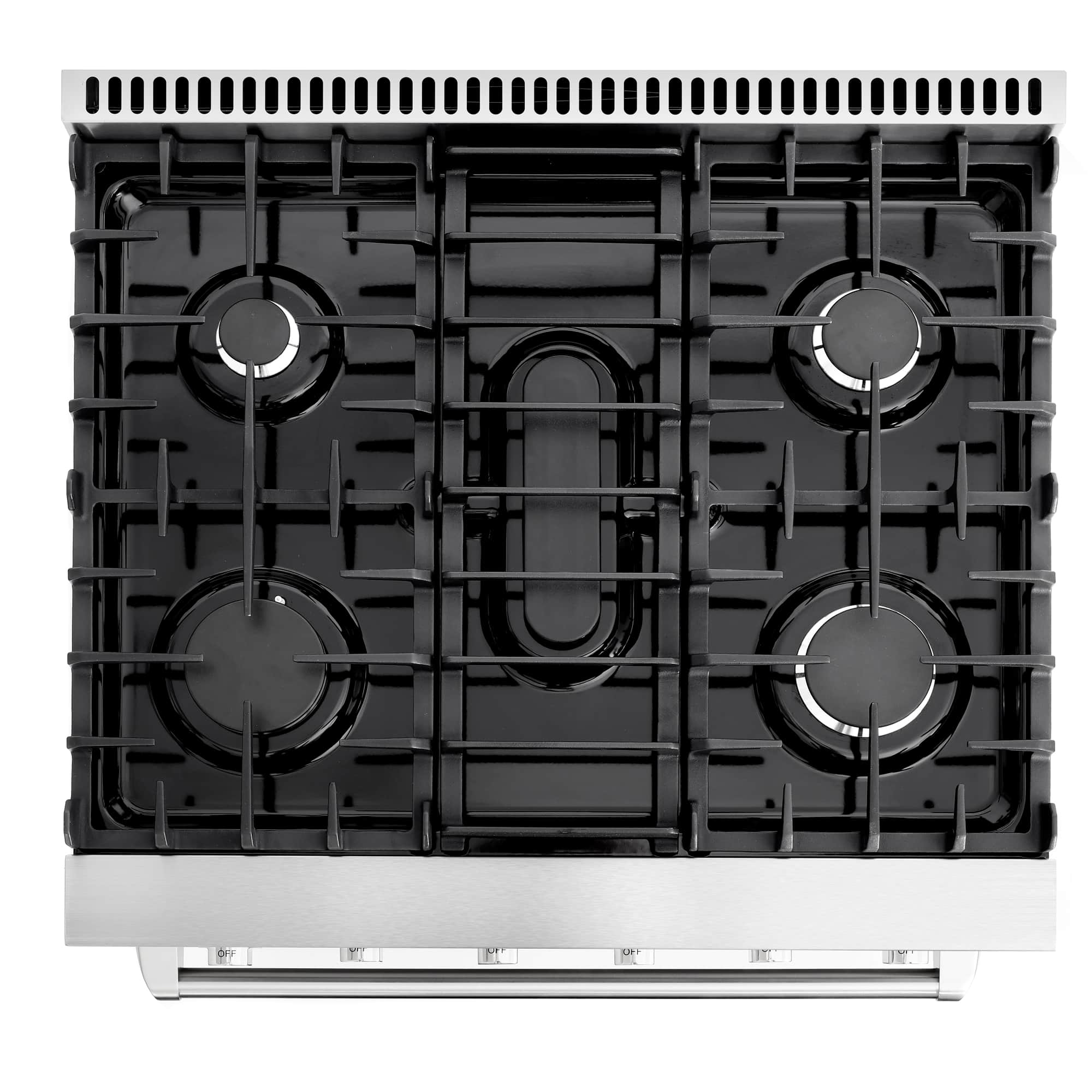 Five-burner gas cooktop with black grates and round burner caps