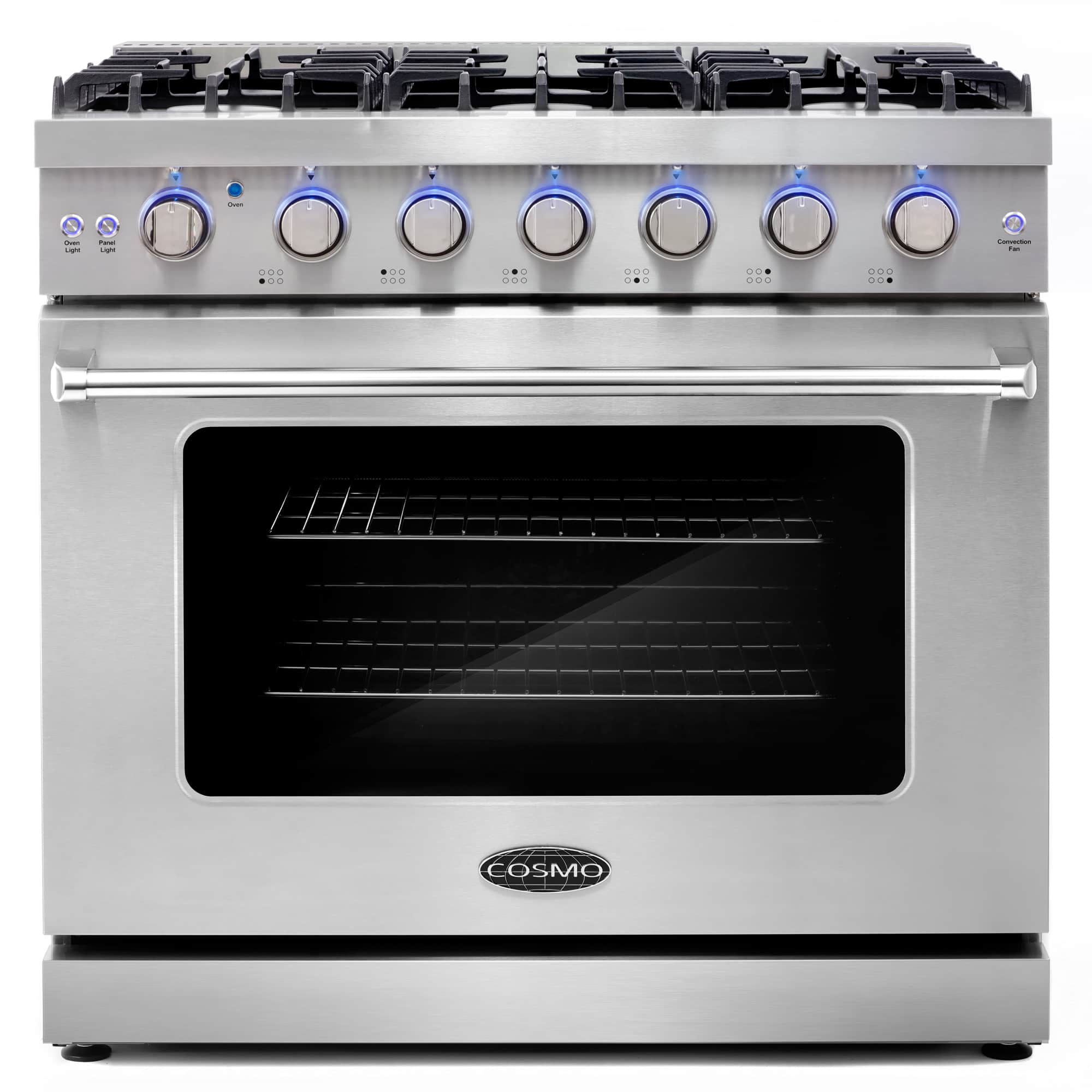 Stainless steel gas range front view with blue control knobs and black glass oven window
