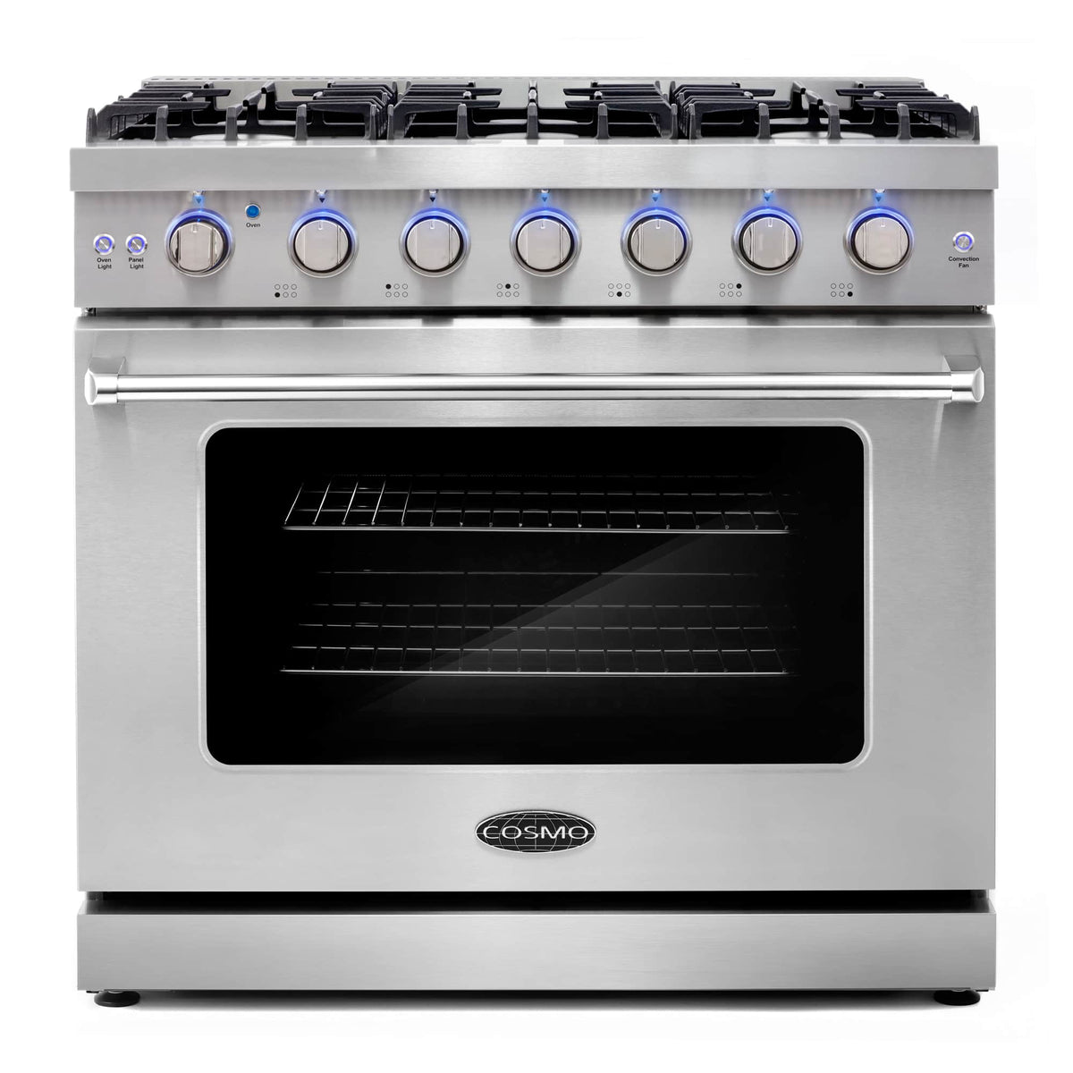 Stainless steel 36-inch gas range with blue knobs and black oven window front view