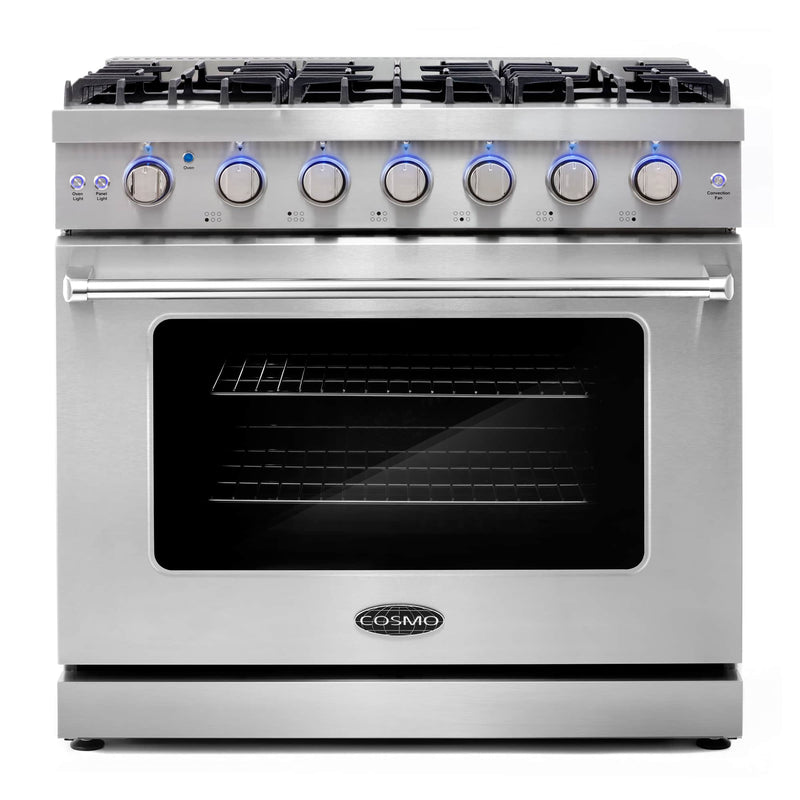 Cosmo 4-Piece Appliance Package - 36-Inch Gas Range, Island Mount Range Hood, Dishwasher and Refrigerator in Stainless Steel (COS-4PKG-702)