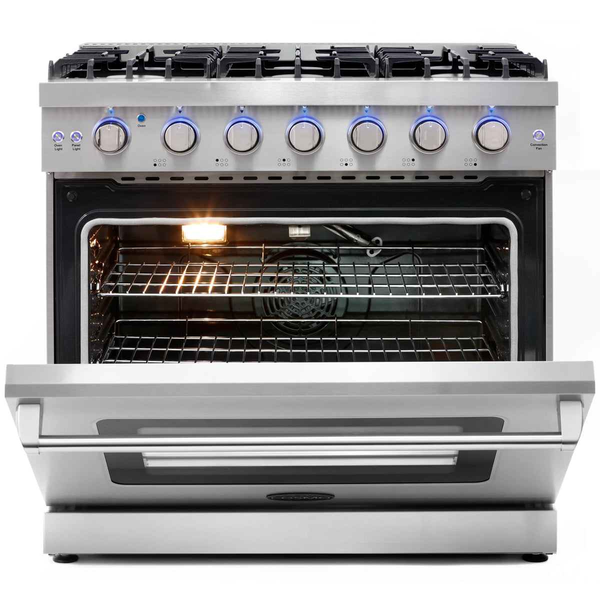 Stainless steel gas range with oven door open, baking racks inside, and burner controls on top