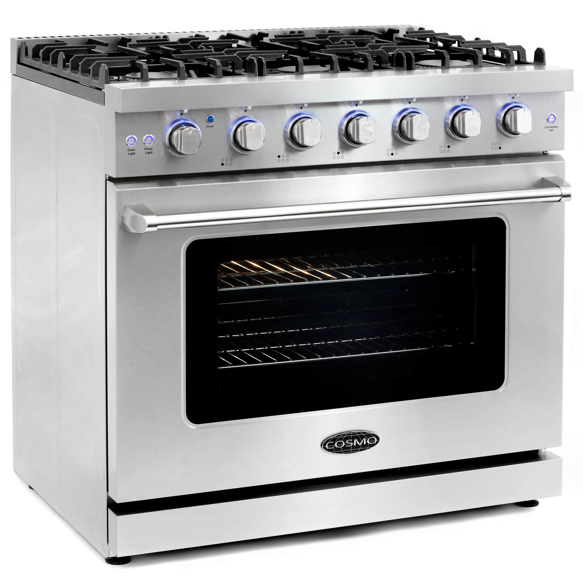 Stainless steel gas range with blue control knobs and black glass oven window, front-right angle
