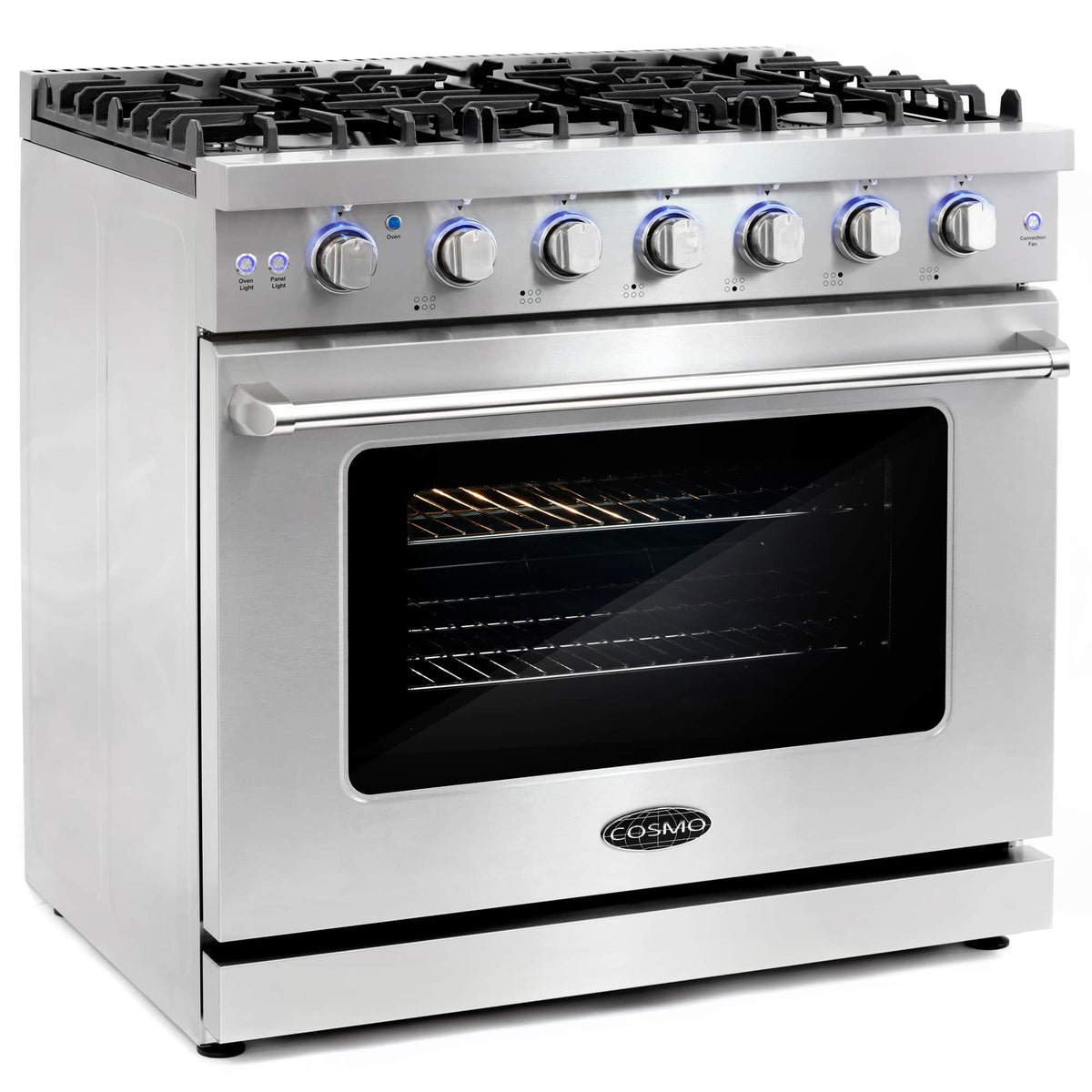 Stainless steel gas range with blue control knobs and black glass oven window, right-side angle