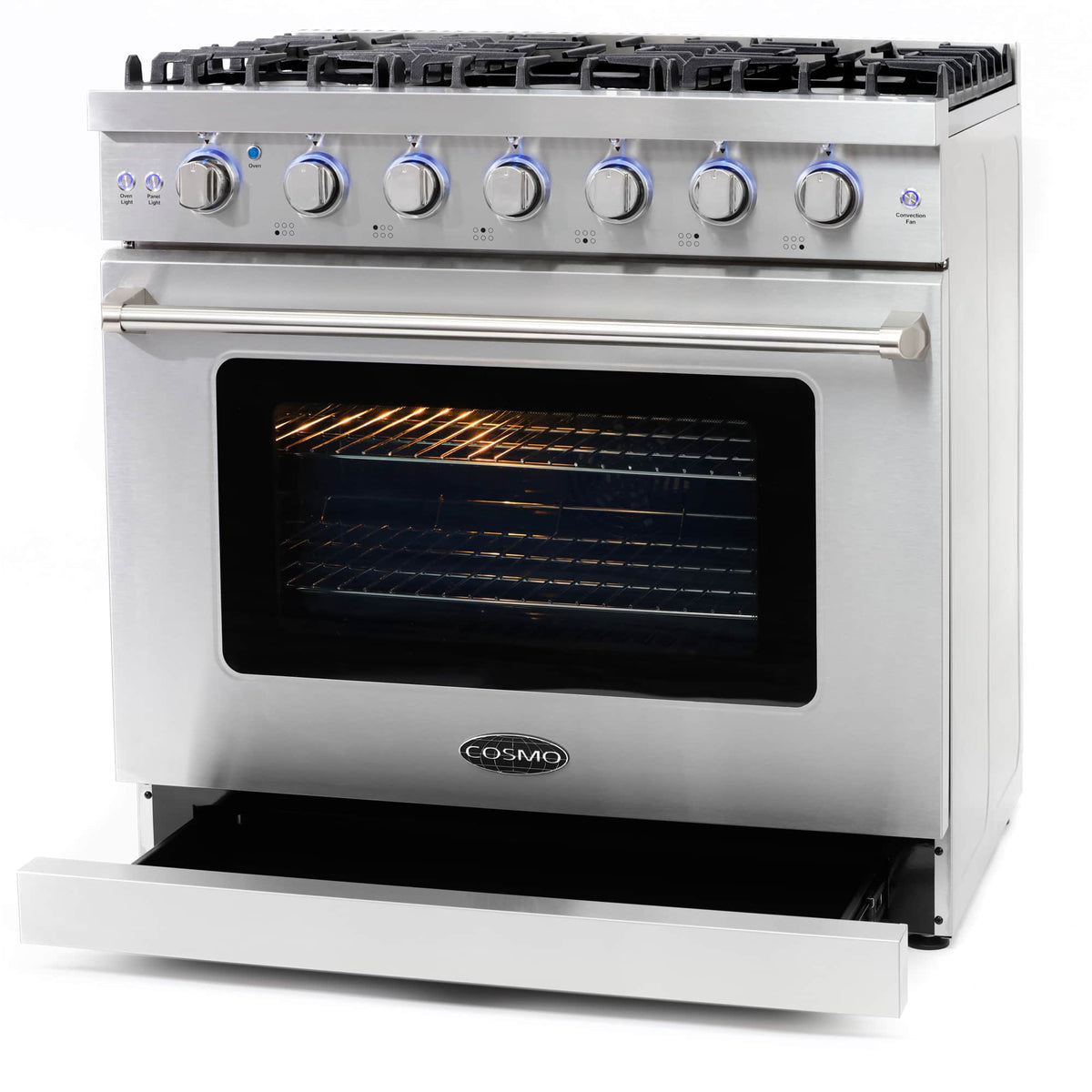 Stainless steel gas range with open oven door and glowing oven interior, blue control knobs