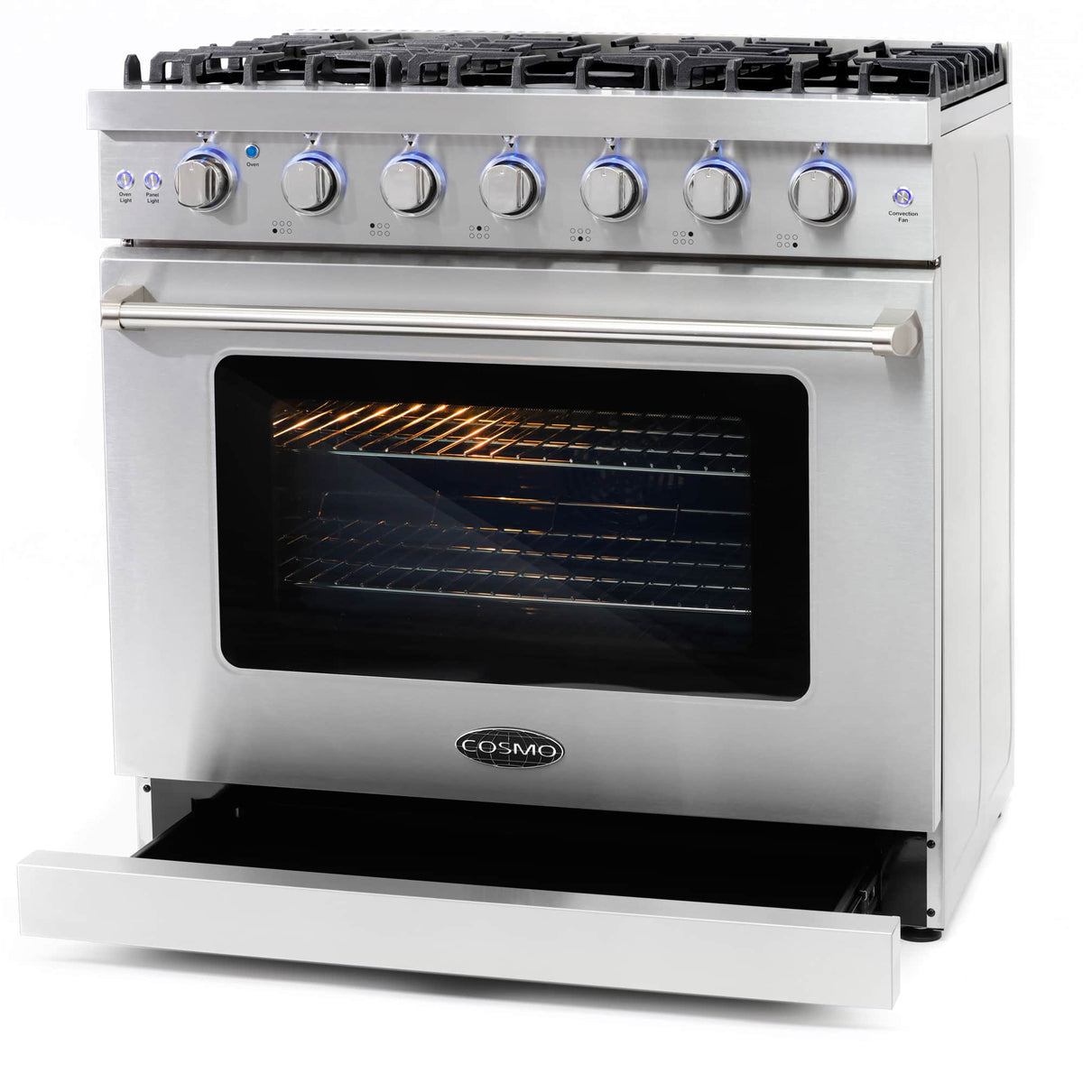 Stainless steel gas range with oven door open and illuminated oven cavity, blue control knobs