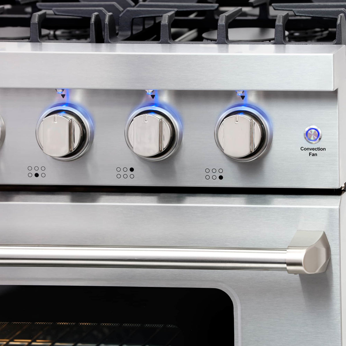 Stainless steel control panel with blue knobs and Convection Fan indicator label