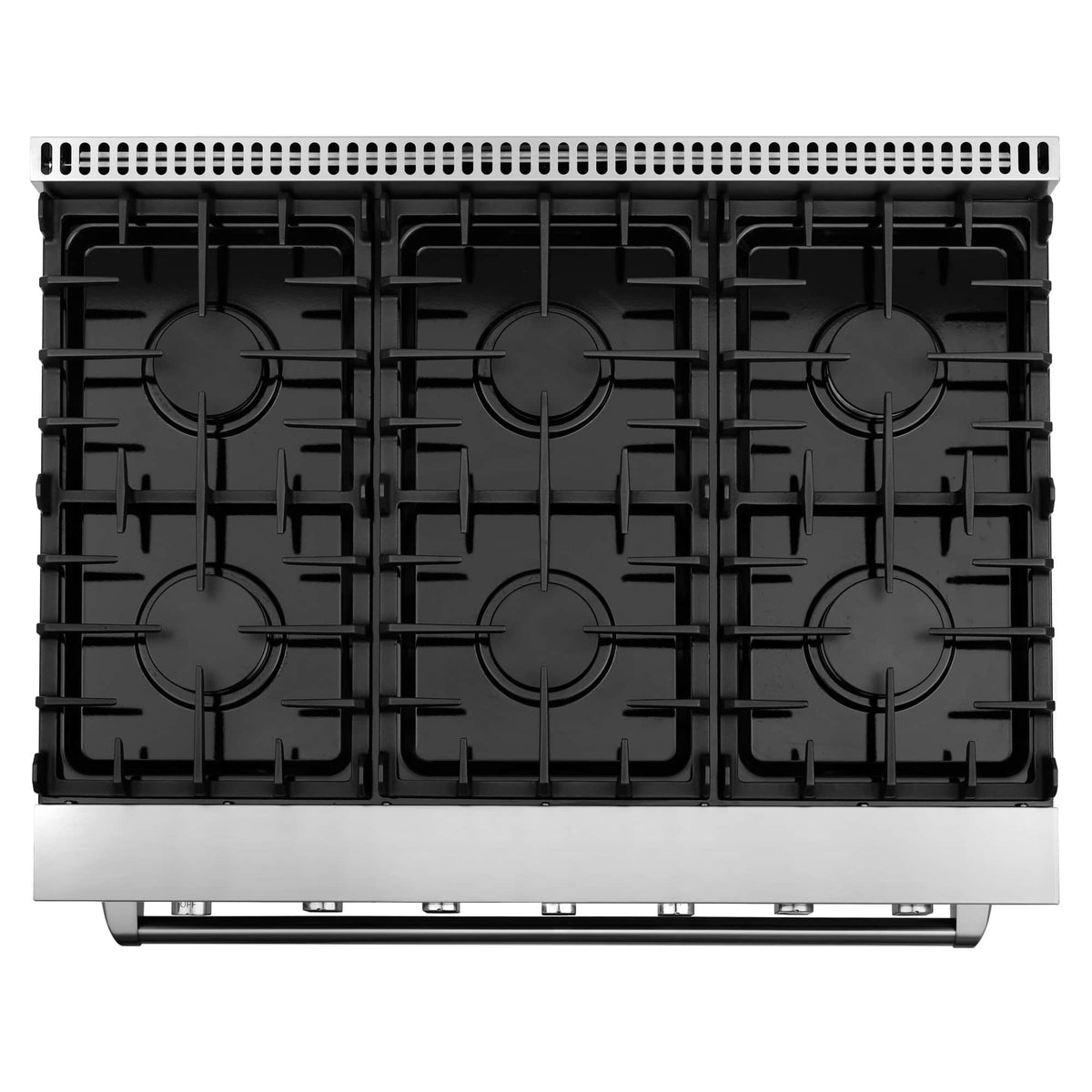 Gas range cooktop with six black burner grates and stainless steel backguard