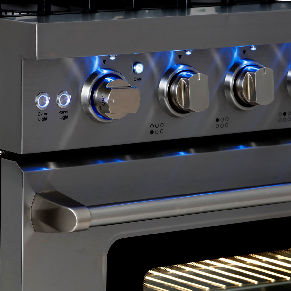 Stainless steel gas range control panel with knobs and oven light panel