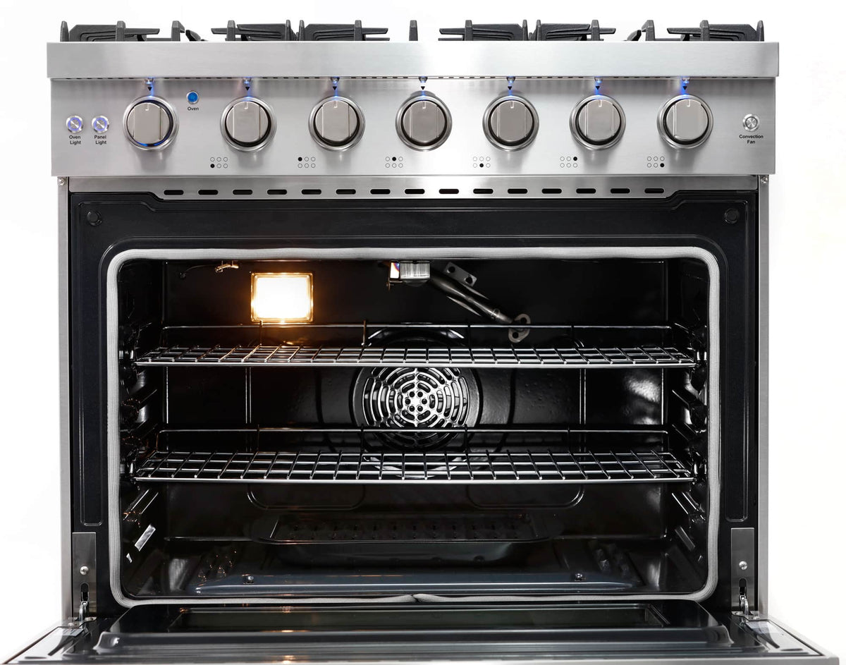 Stainless steel gas range with open oven door showing interior rack and burner