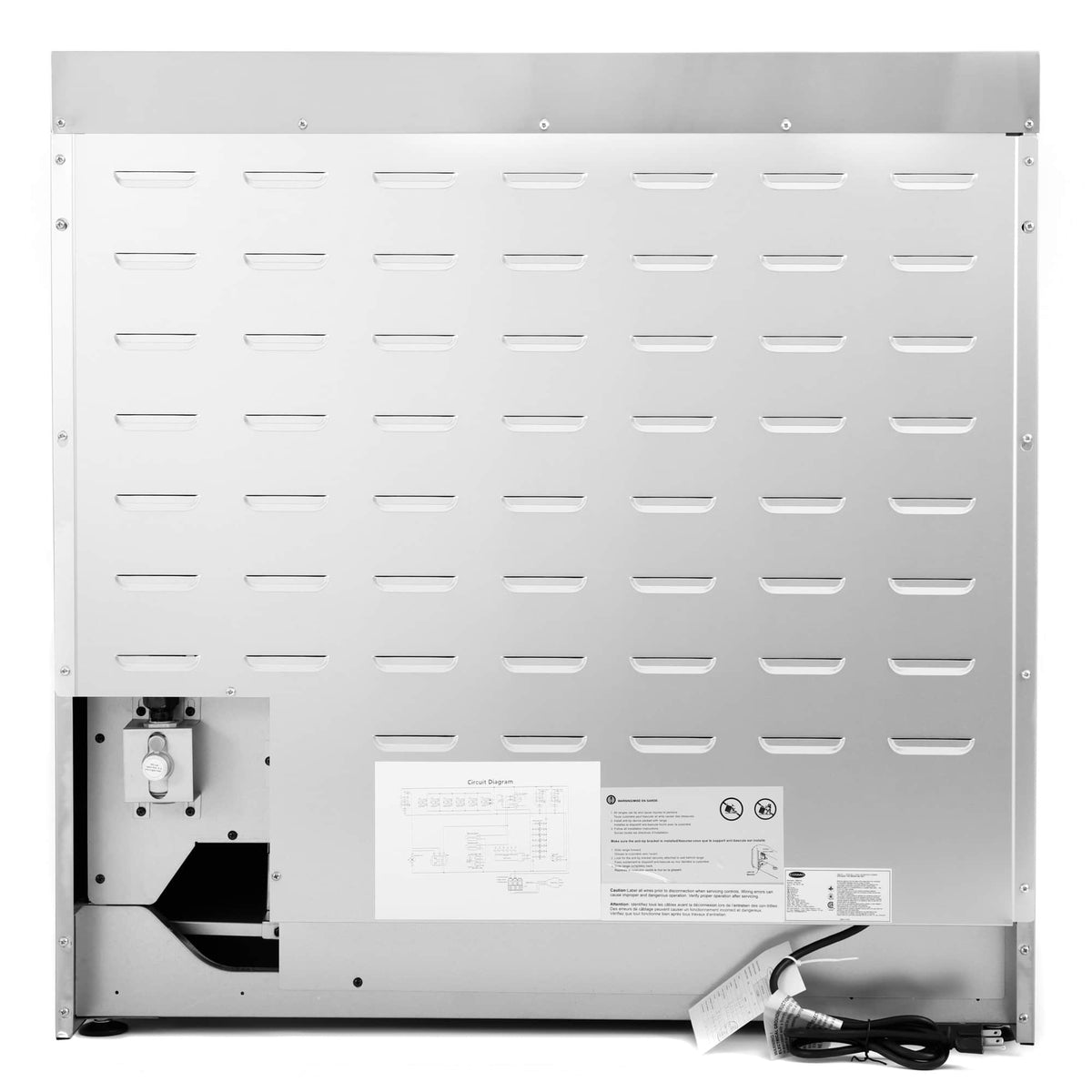 Back panel of stainless steel gas range with ventilation slots and power connection