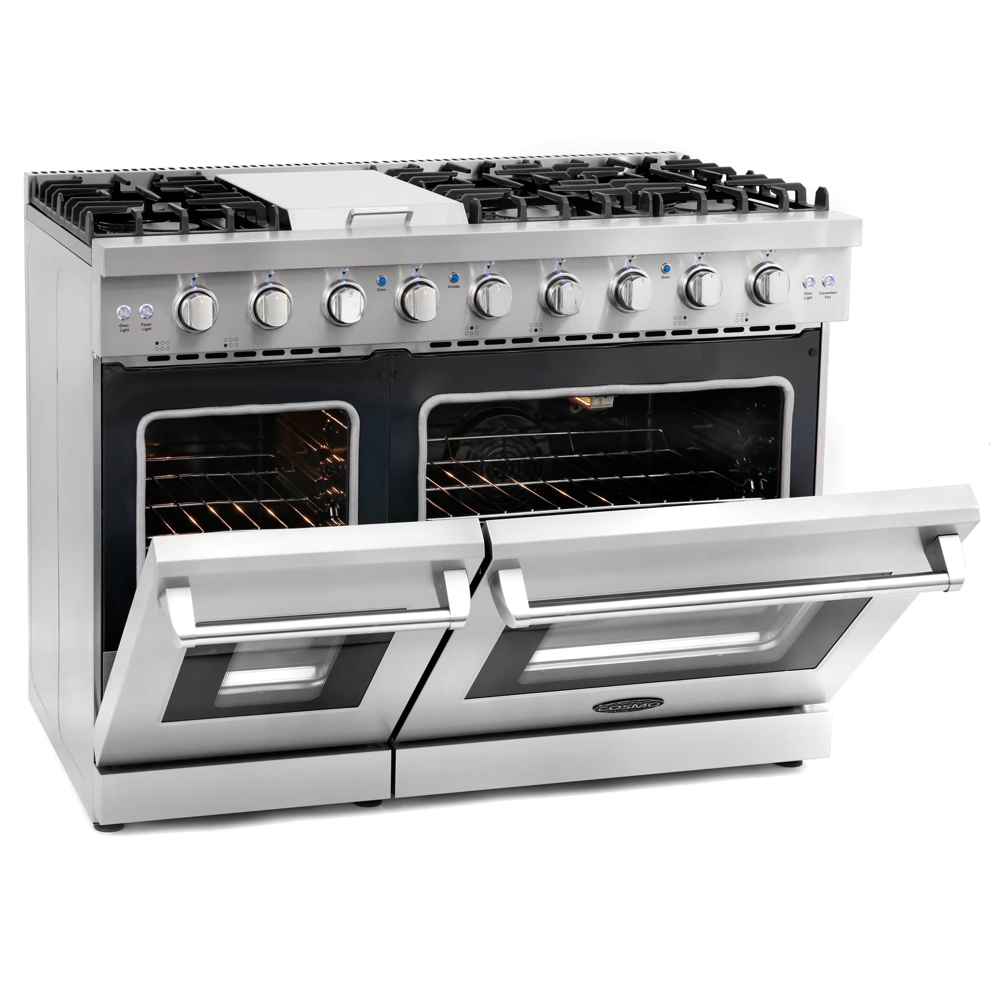 Stainless steel double oven gas range with open oven doors and four front burner knobs