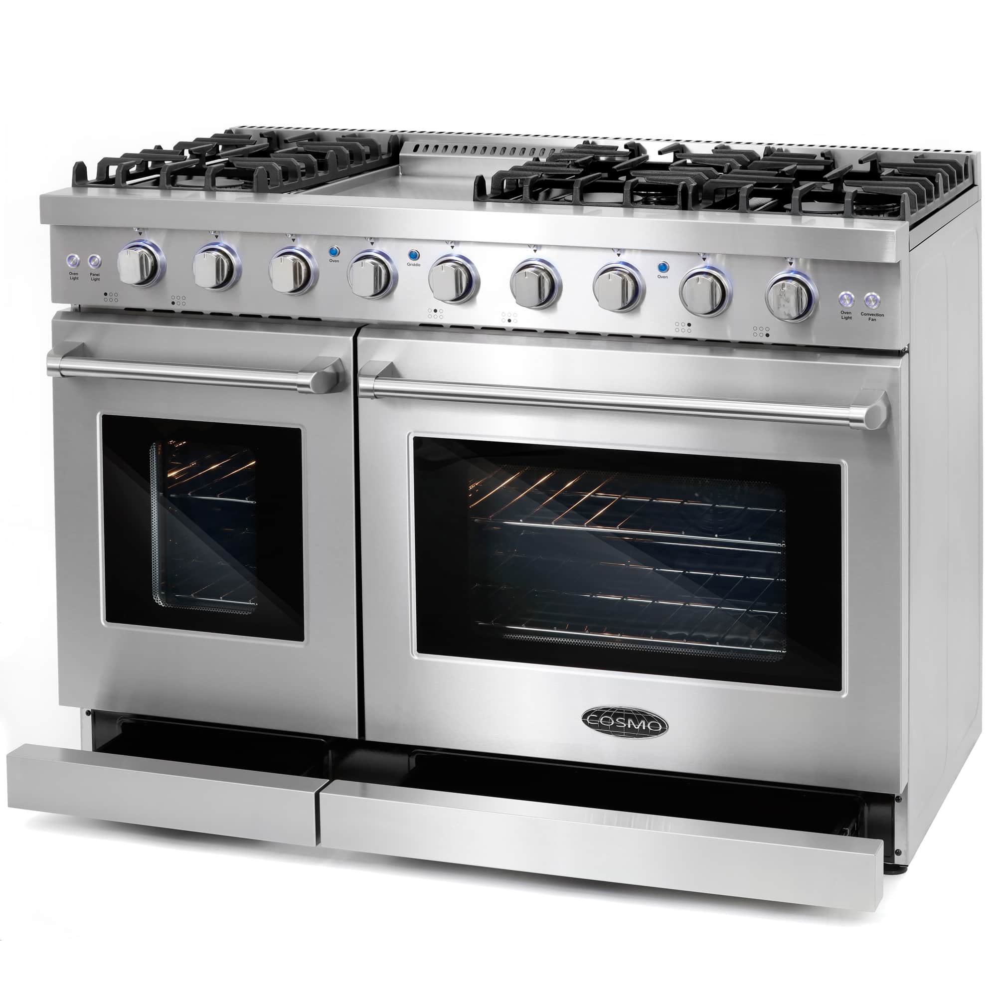 Stainless steel double oven gas range with two oven windows and front control knobs