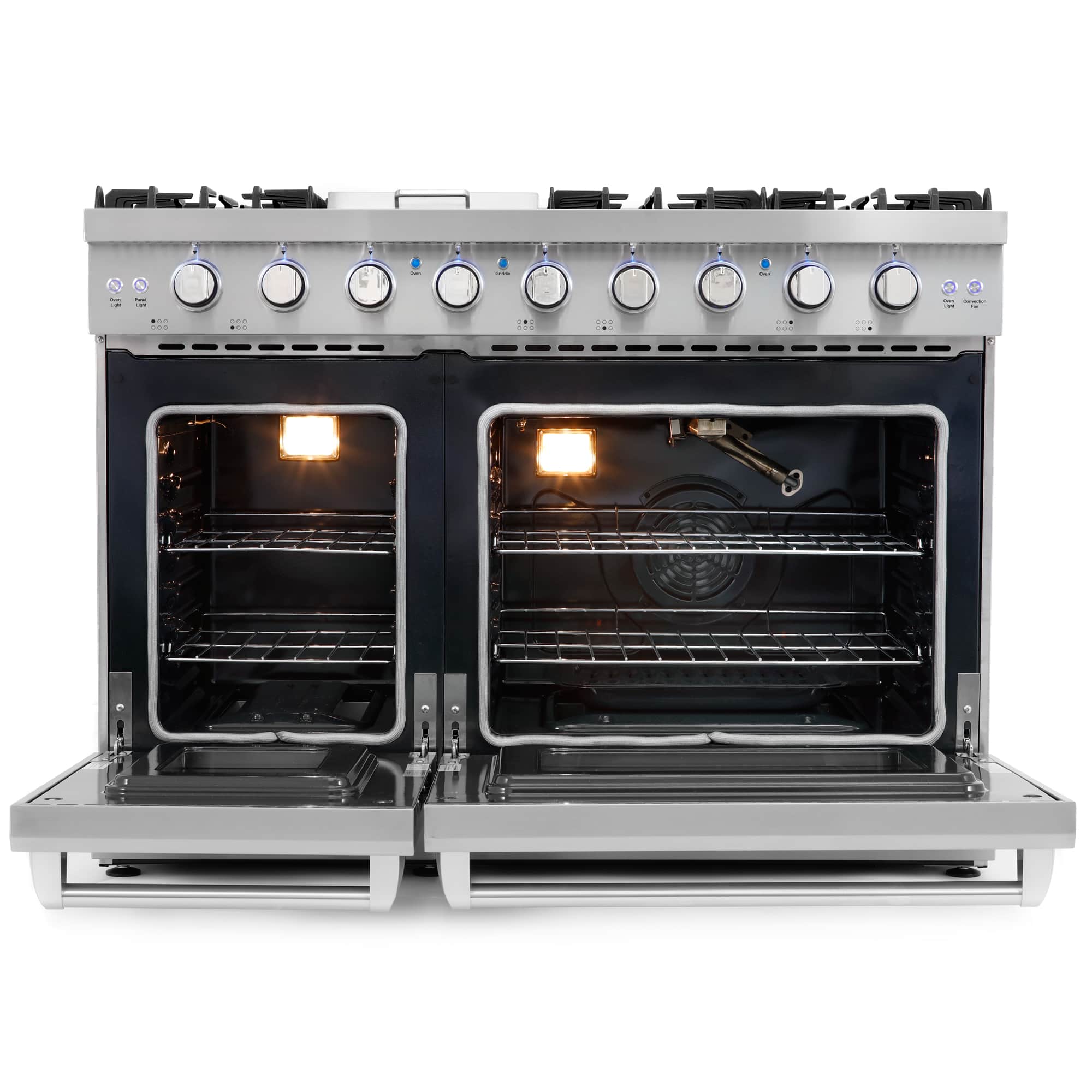 Stainless steel double oven gas range with both ovens open and oven lights on