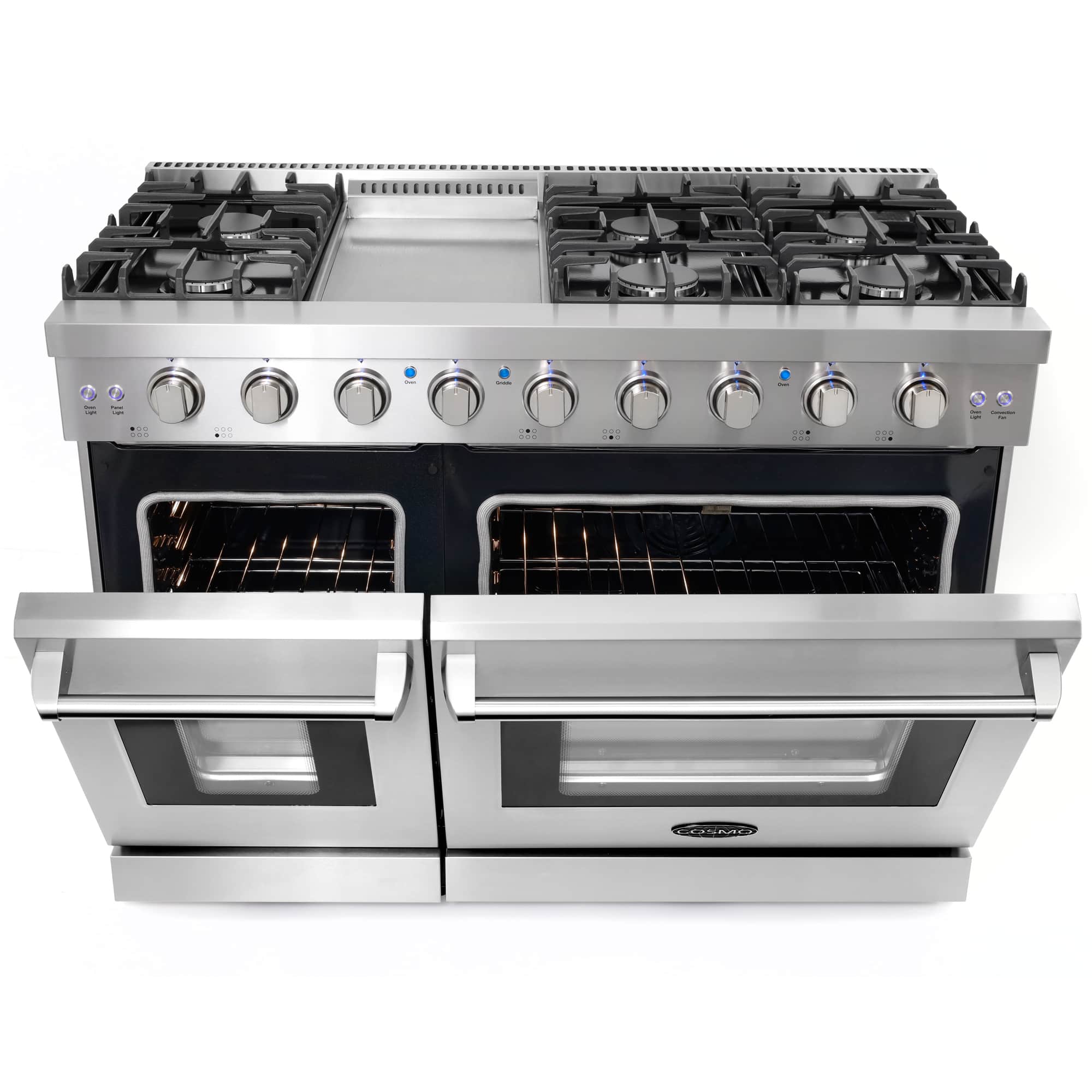 Stainless steel double oven gas range with four burners, control panel, and two oven doors