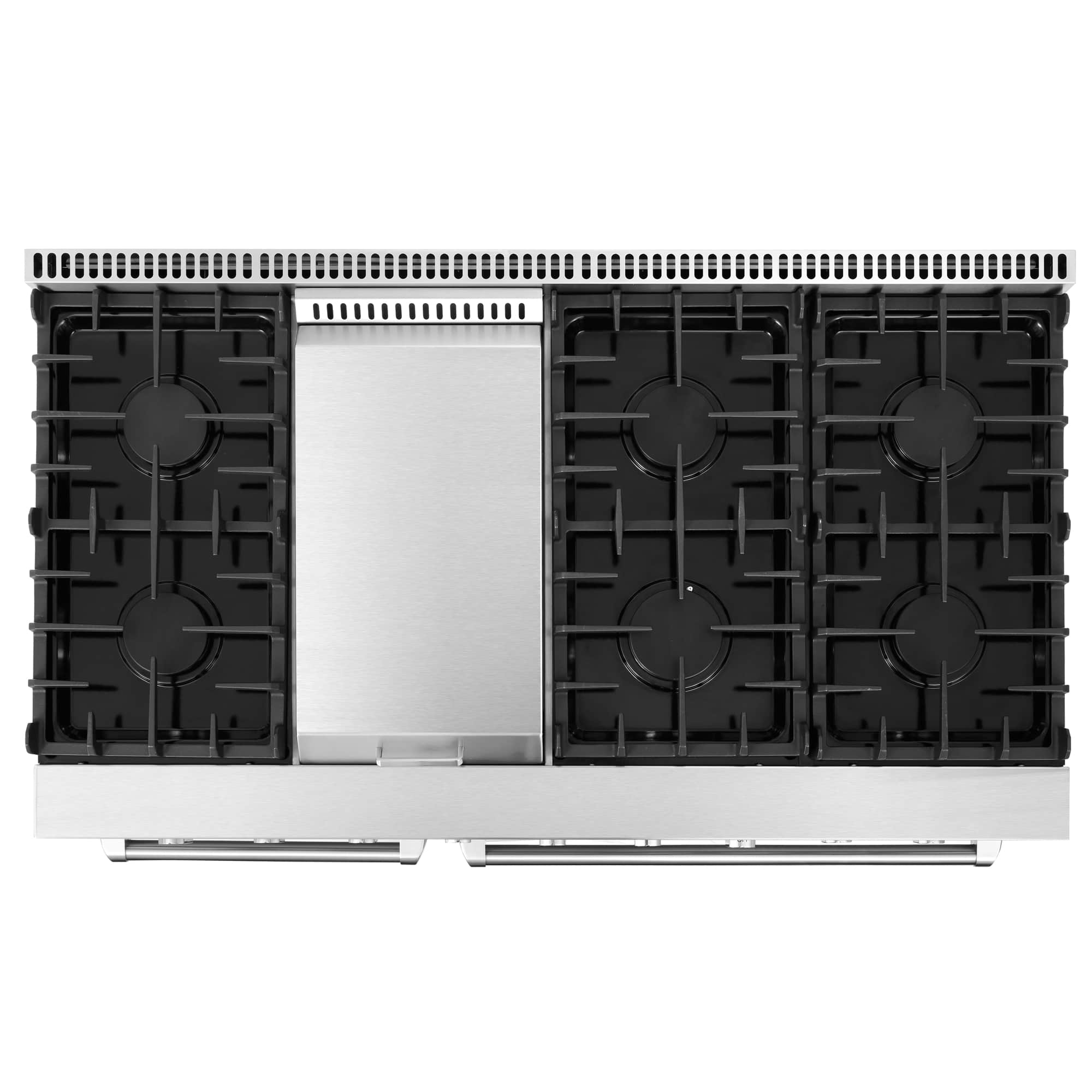 Stainless steel gas range burner layout with black grates and center panel