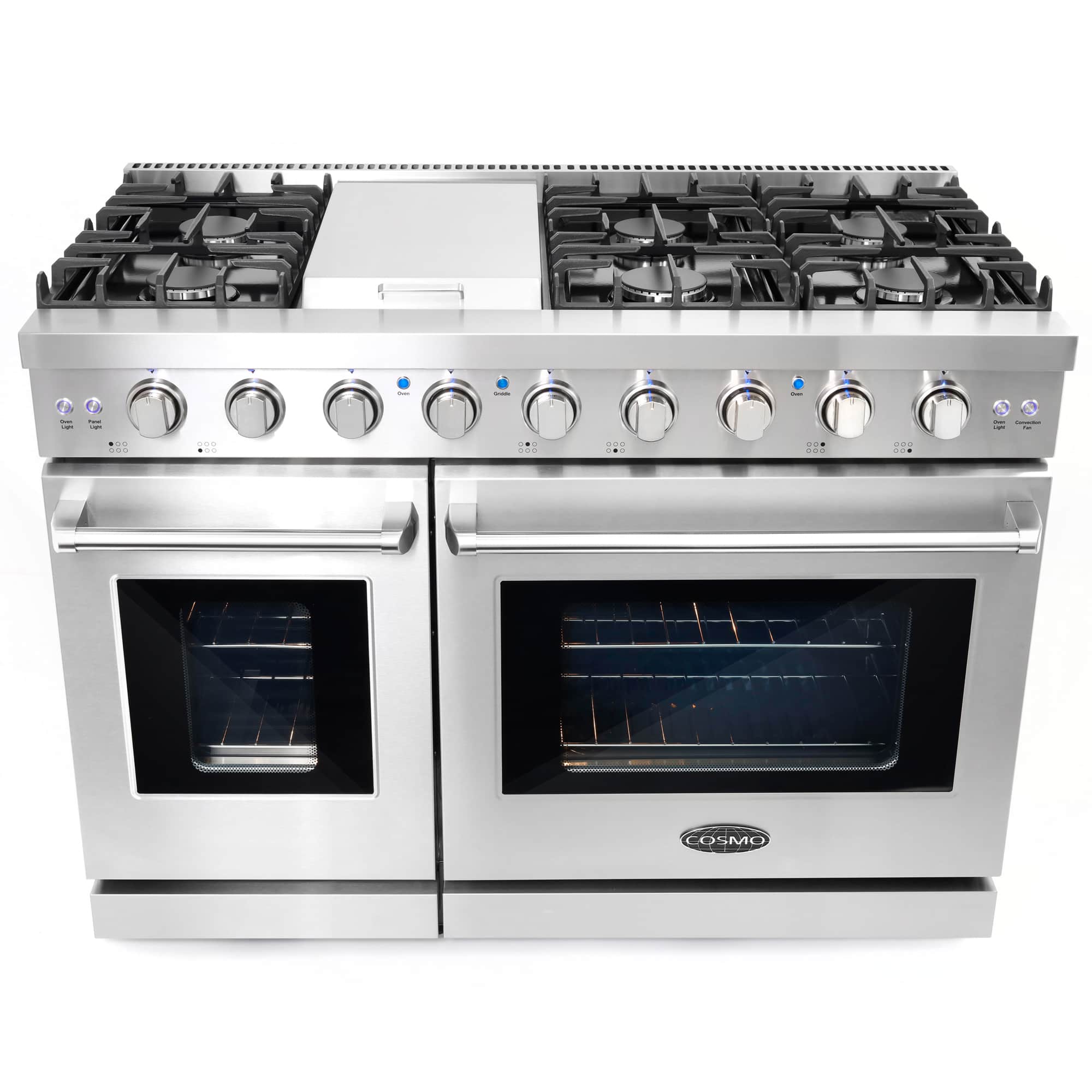 Stainless steel gas range front view with six burners and dual oven doors