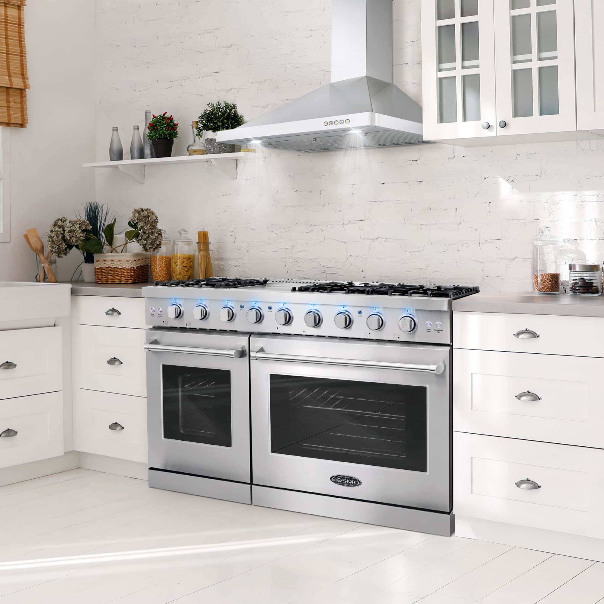 White 48-inch gas range with six burners and dual oven doors
