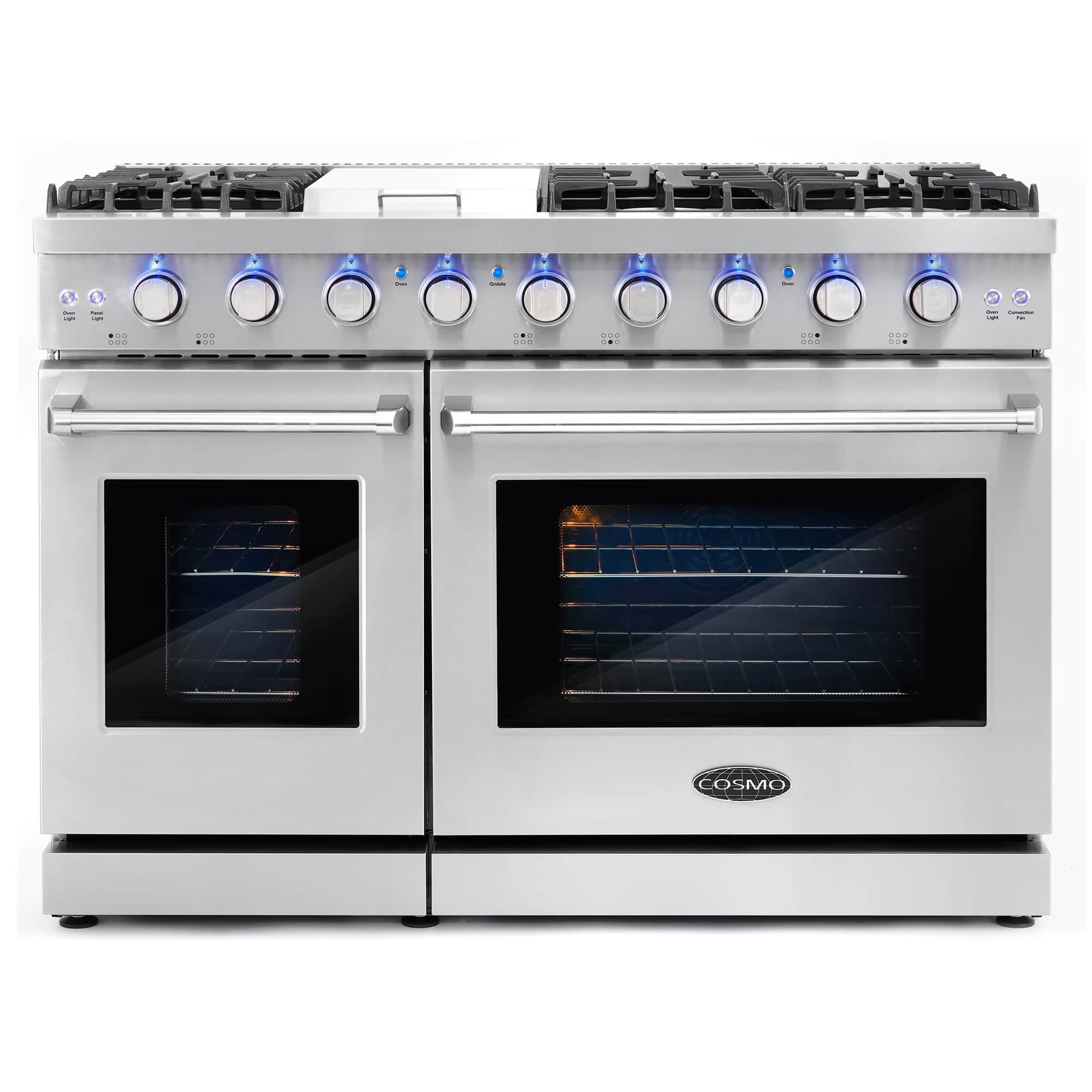 Stainless steel double oven gas range with two oven windows and front row of control knobs