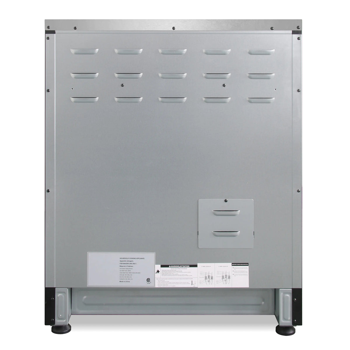 Light gray rear panel with vents and label area on electric range