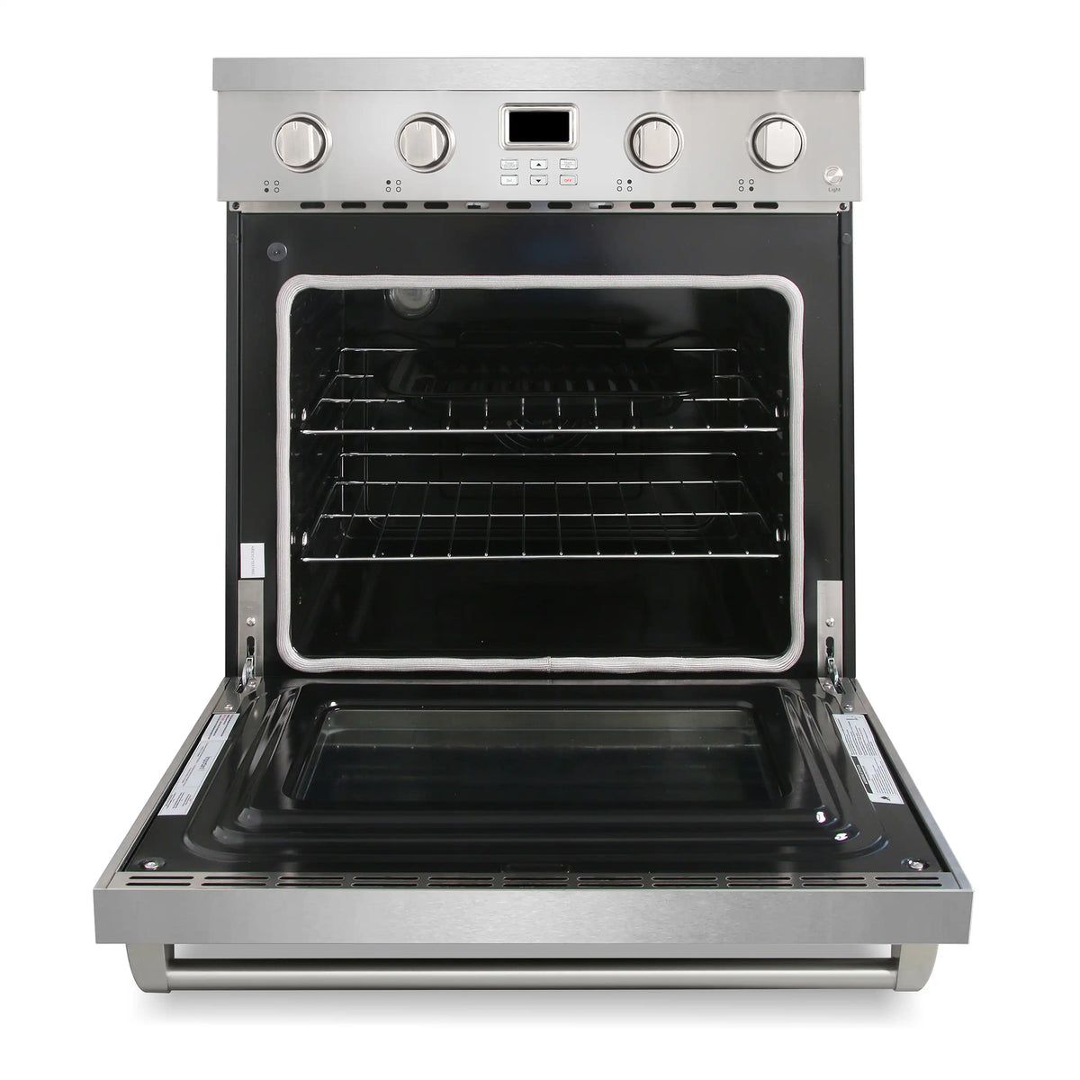 Stainless electric range with open convection oven and black interior cavity