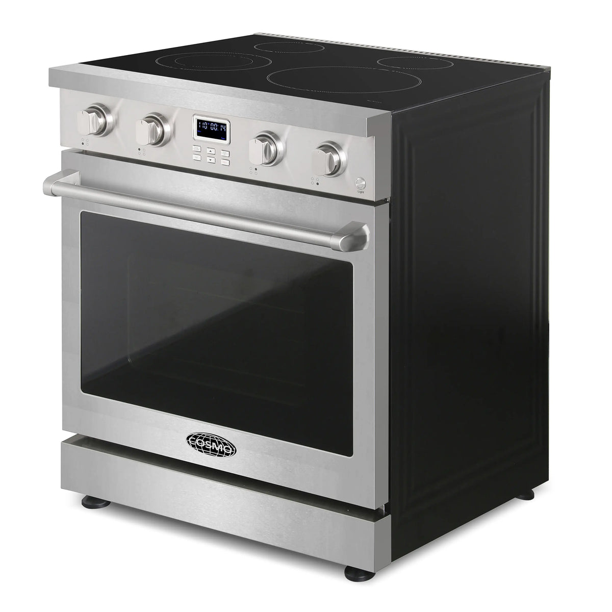 Stainless electric range with black glass cooktop, control panel, and oven window