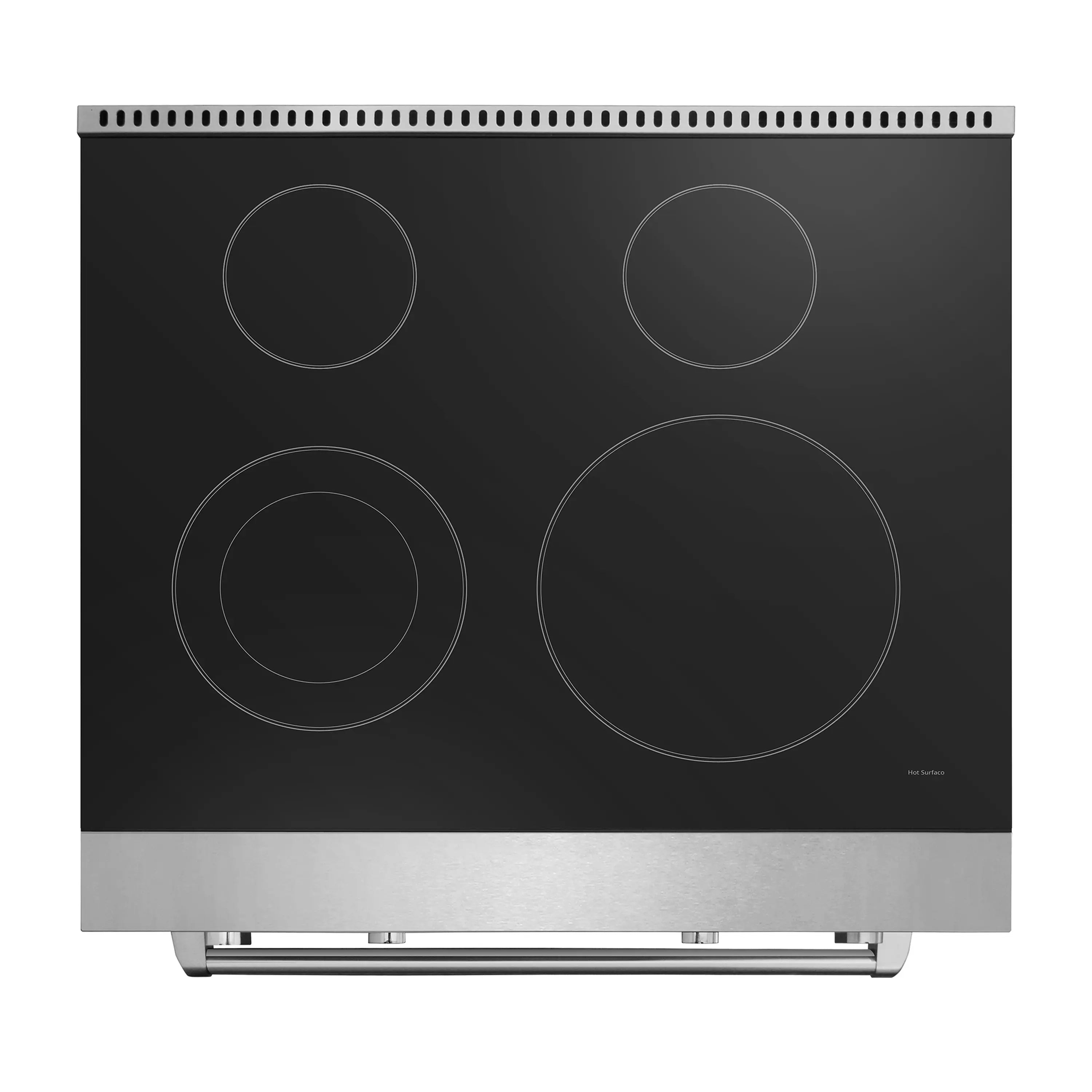 Black glass cooktop surface with four circular heating elements on stainless range