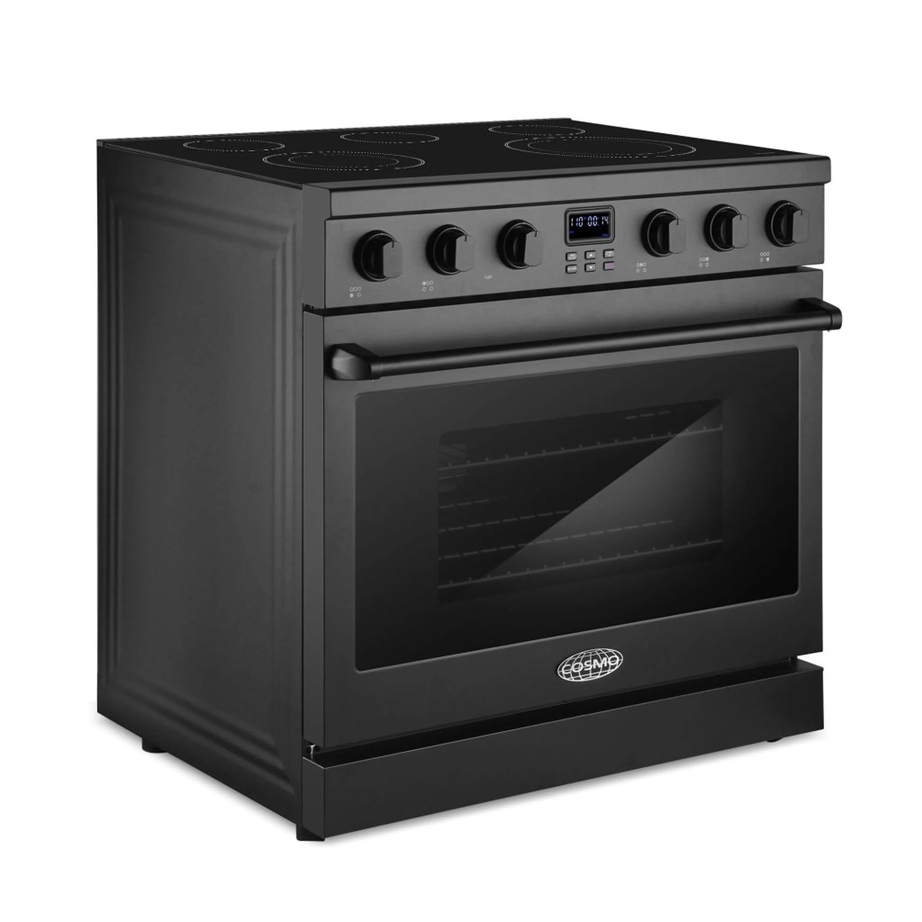 Matte black electric range with coil cooktop, control panel, and oven with window