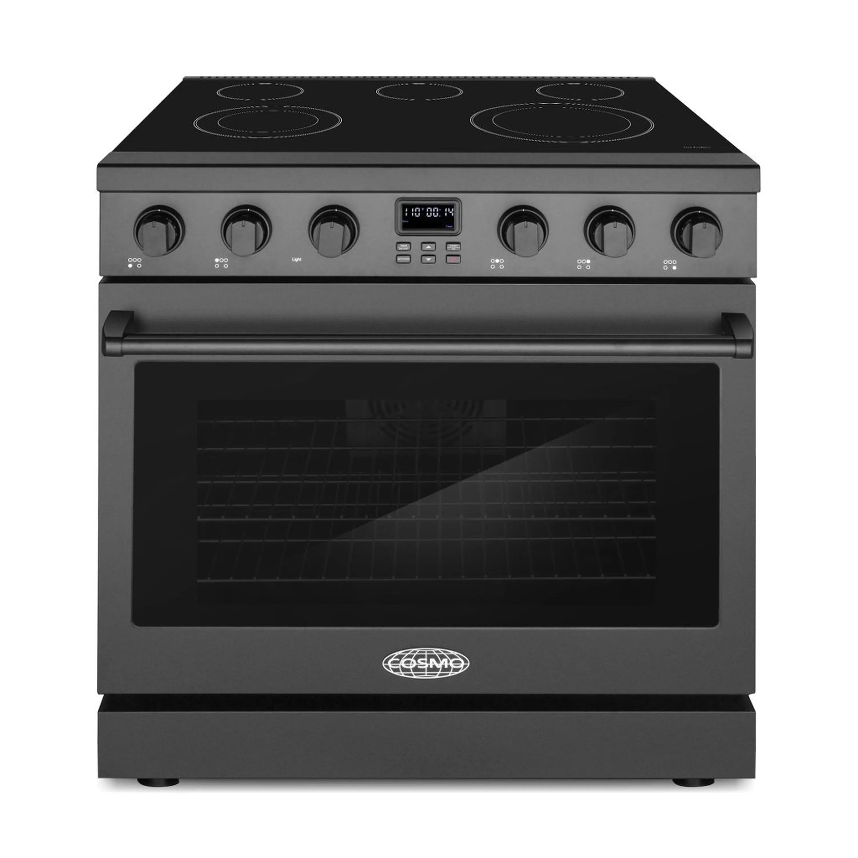 36-inch matte black electric range with coil cooktop and digital control panel