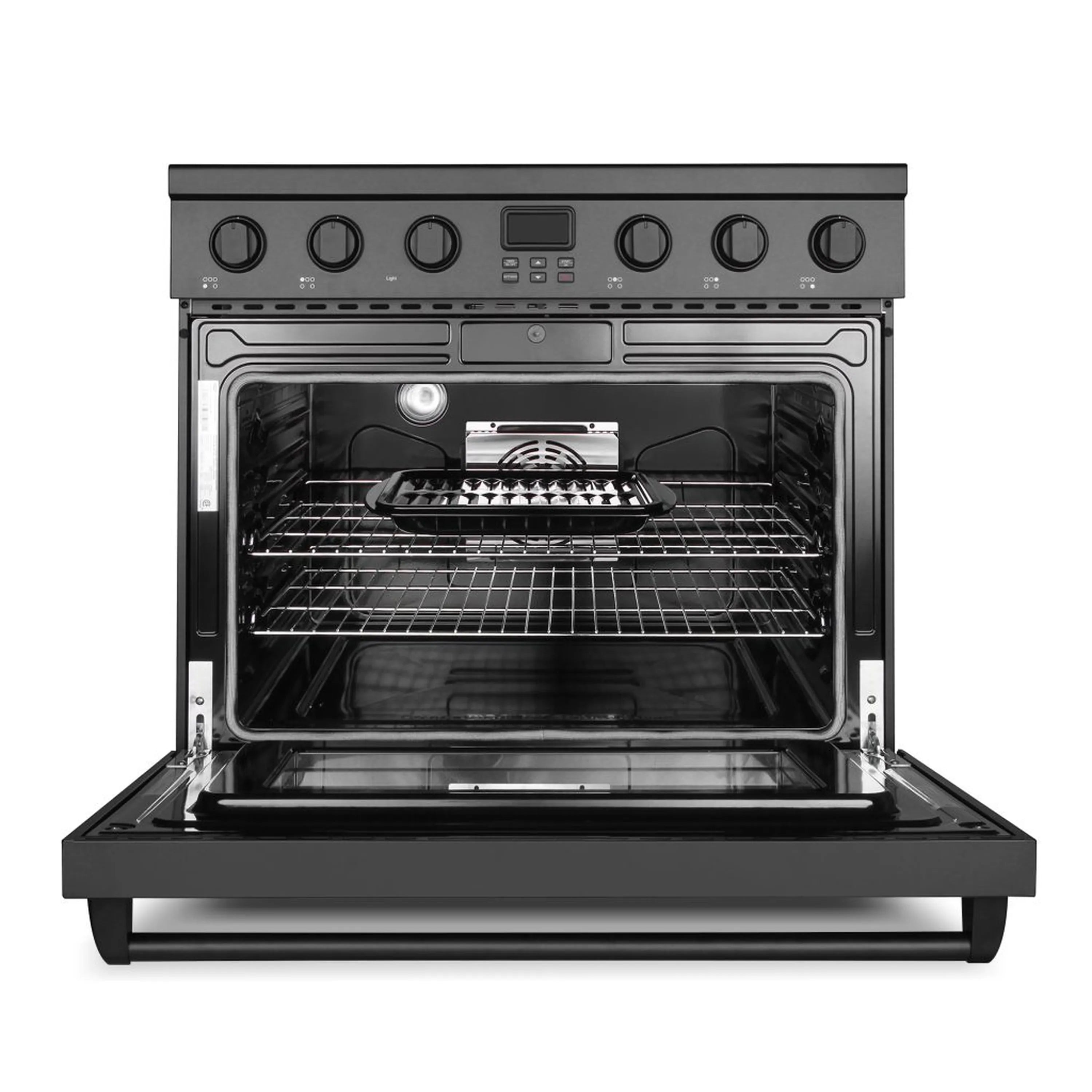 Matte black electric range with open oven door showing racks and heating elements