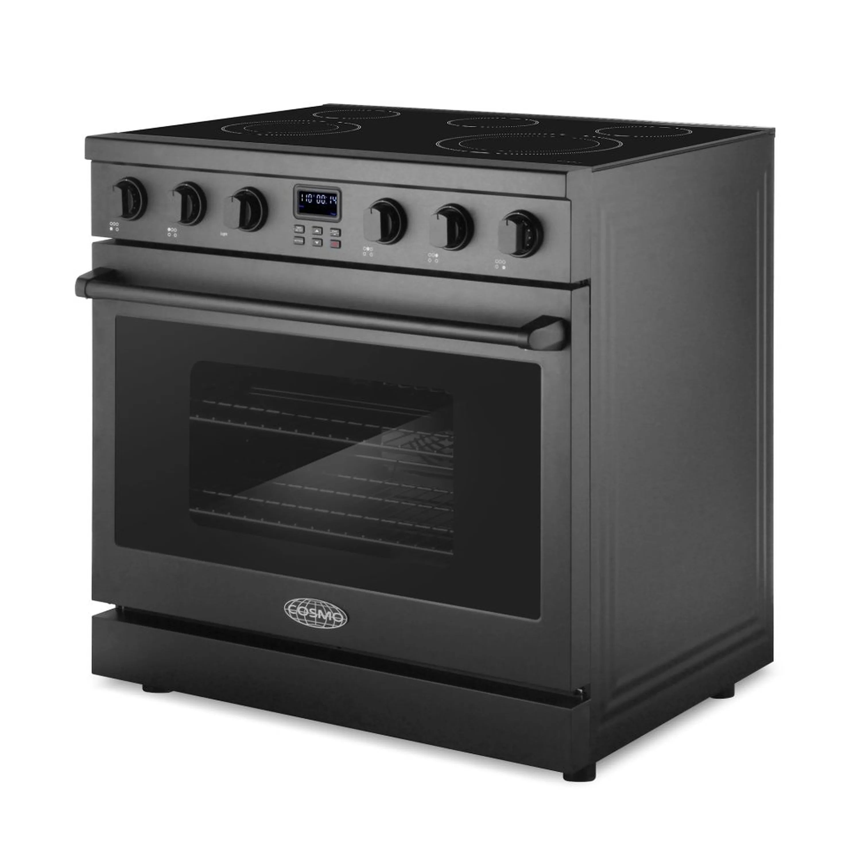 Matte black electric range with coil cooktop, control knobs, and oven viewing window