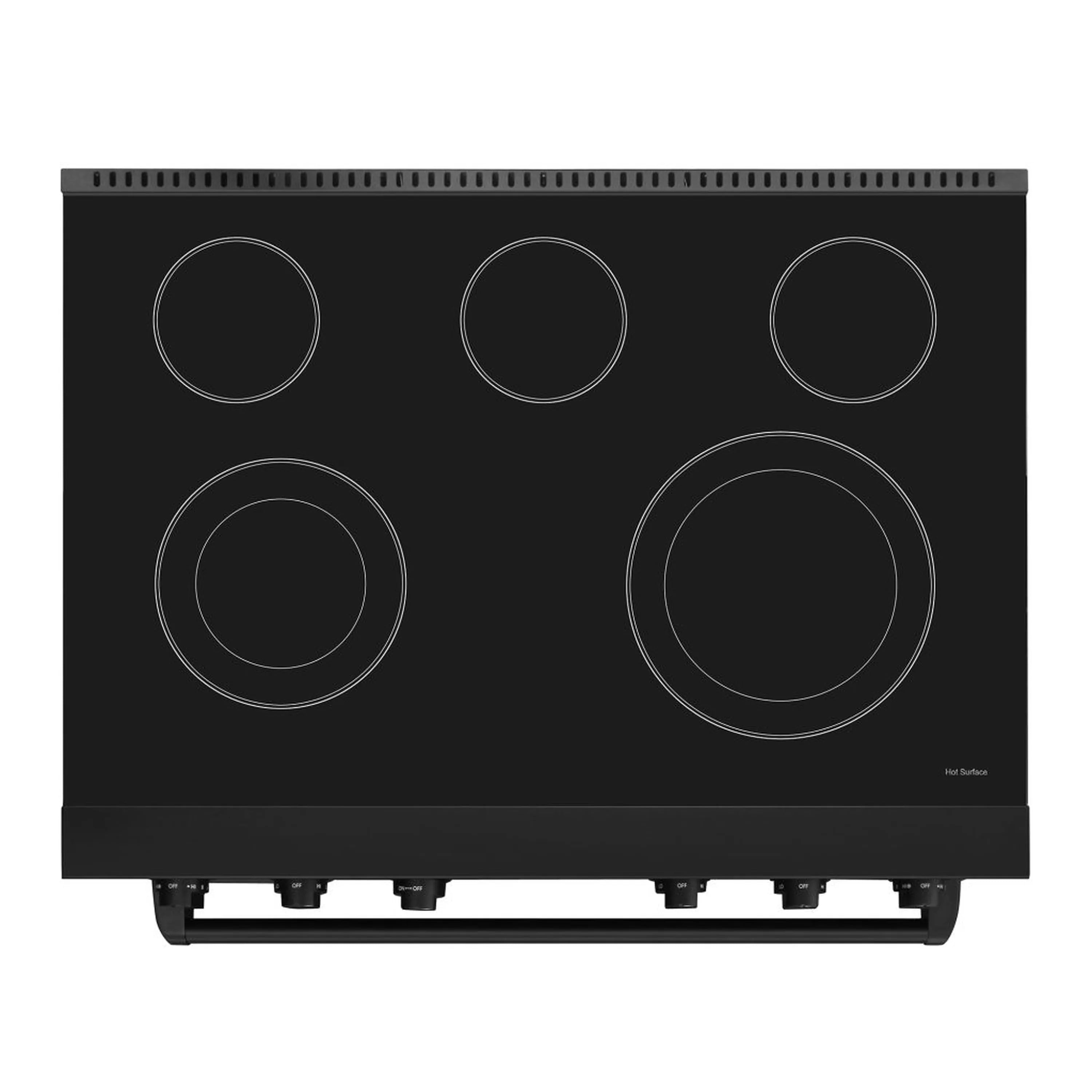 Matte black electric cooktop with five round coil burner outlines and control rails
