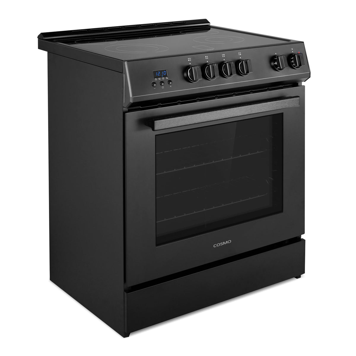 Matte black electric range with convection oven, control knobs on front panel