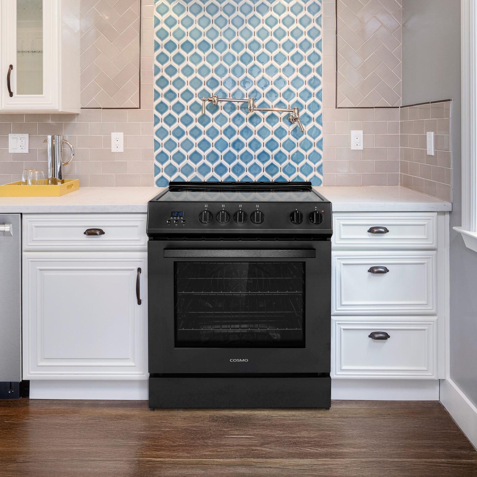 Matte black electric range with convection oven and 5-burner cooktop, front view