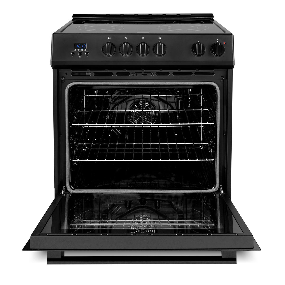 Matte black convection oven with open door and wire racks visible inside