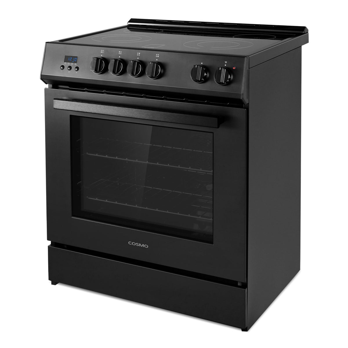 Matte black electric range with convection oven and black glass door, angled front view