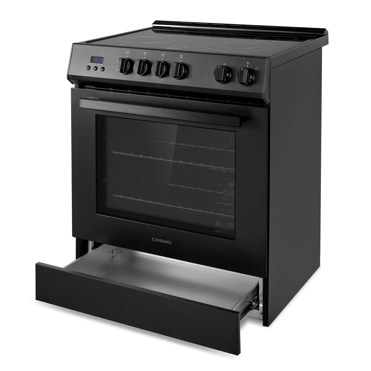 Matte black electric range with convection oven and open pull-out drawer beneath door