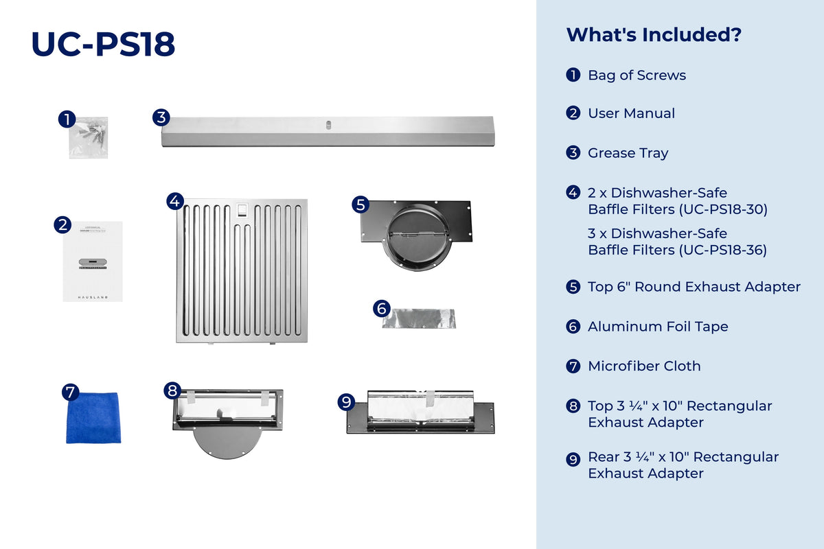 Stainless steel under-cabinet ducted range hood with baffle filter and duct adapter
