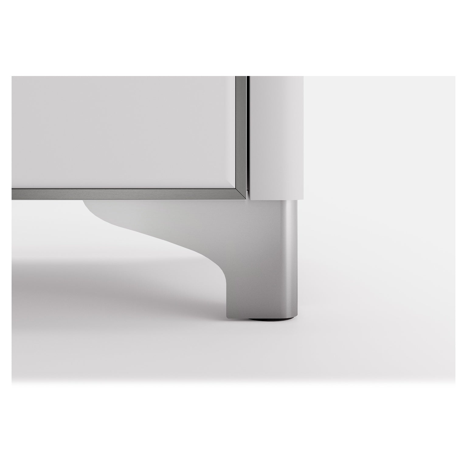 Chrome appliance leg with square base and angled cabinet corner