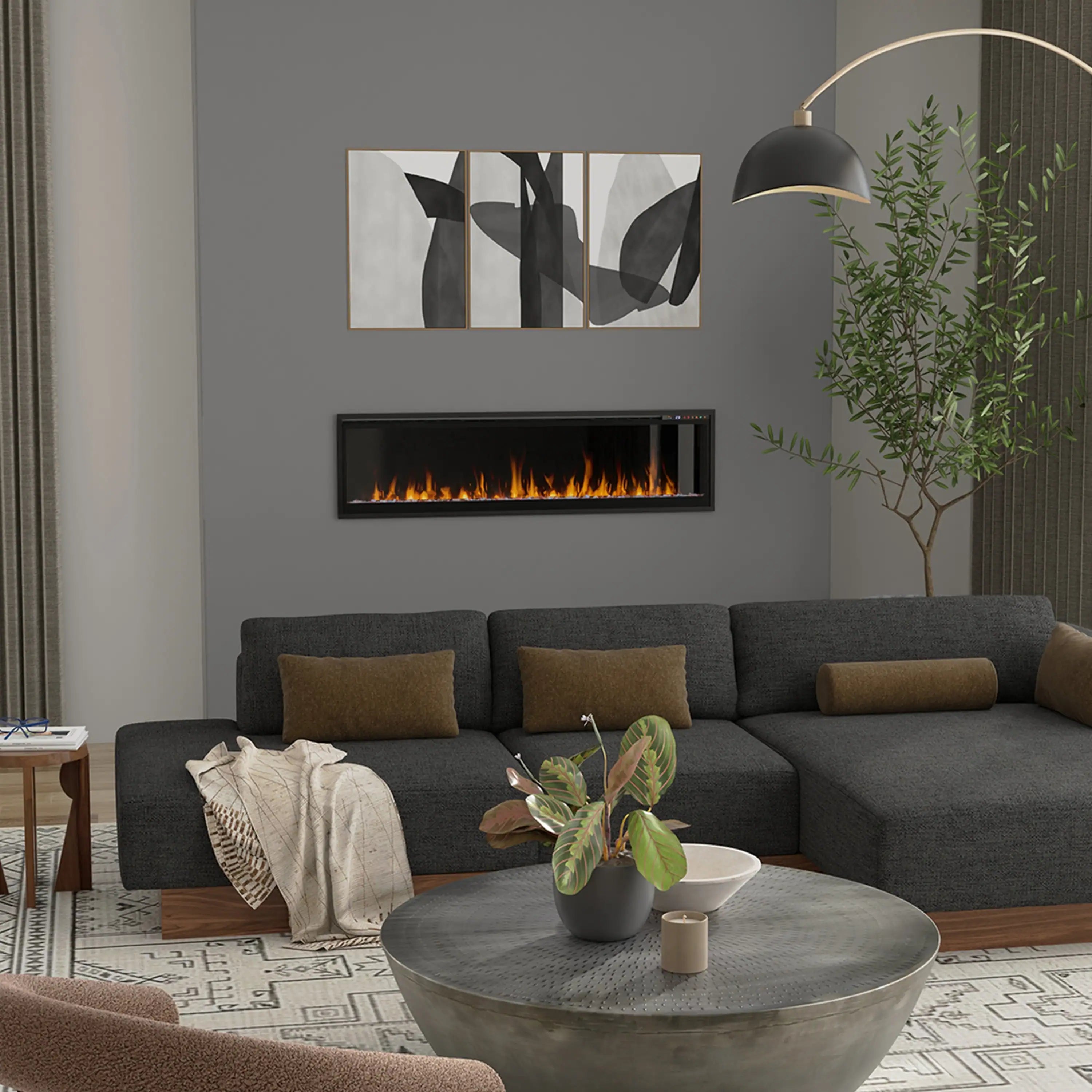 Linear electric fireplace insert with black frame and orange flame effect