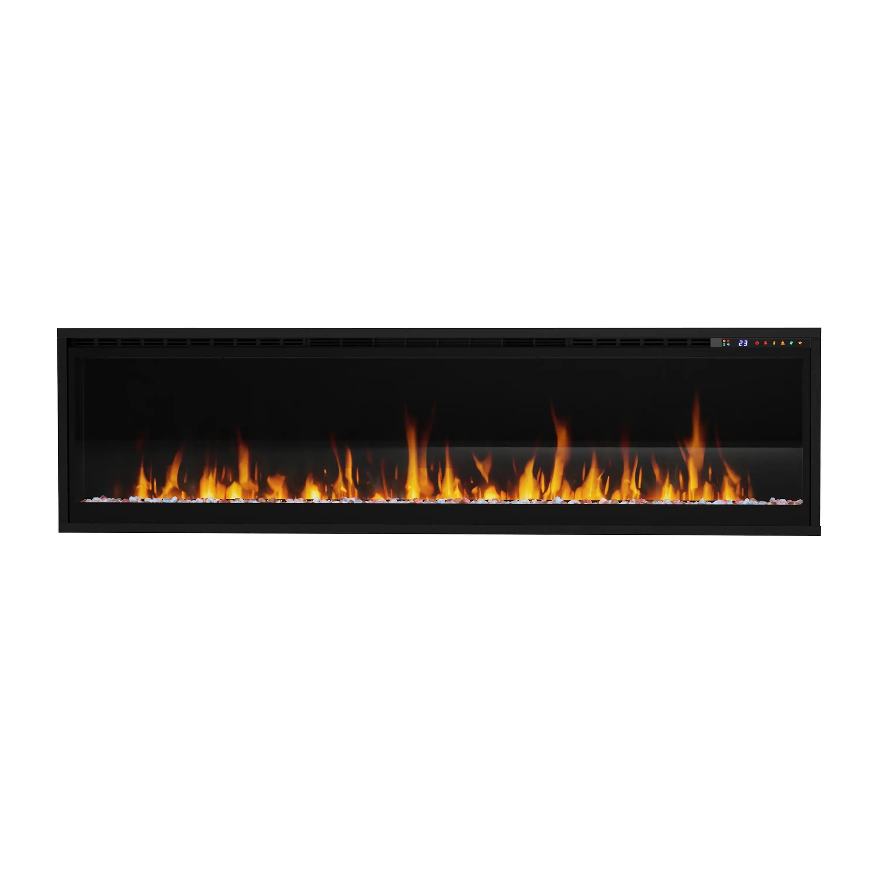 Black linear electric fireplace with glowing orange flame bed, front view