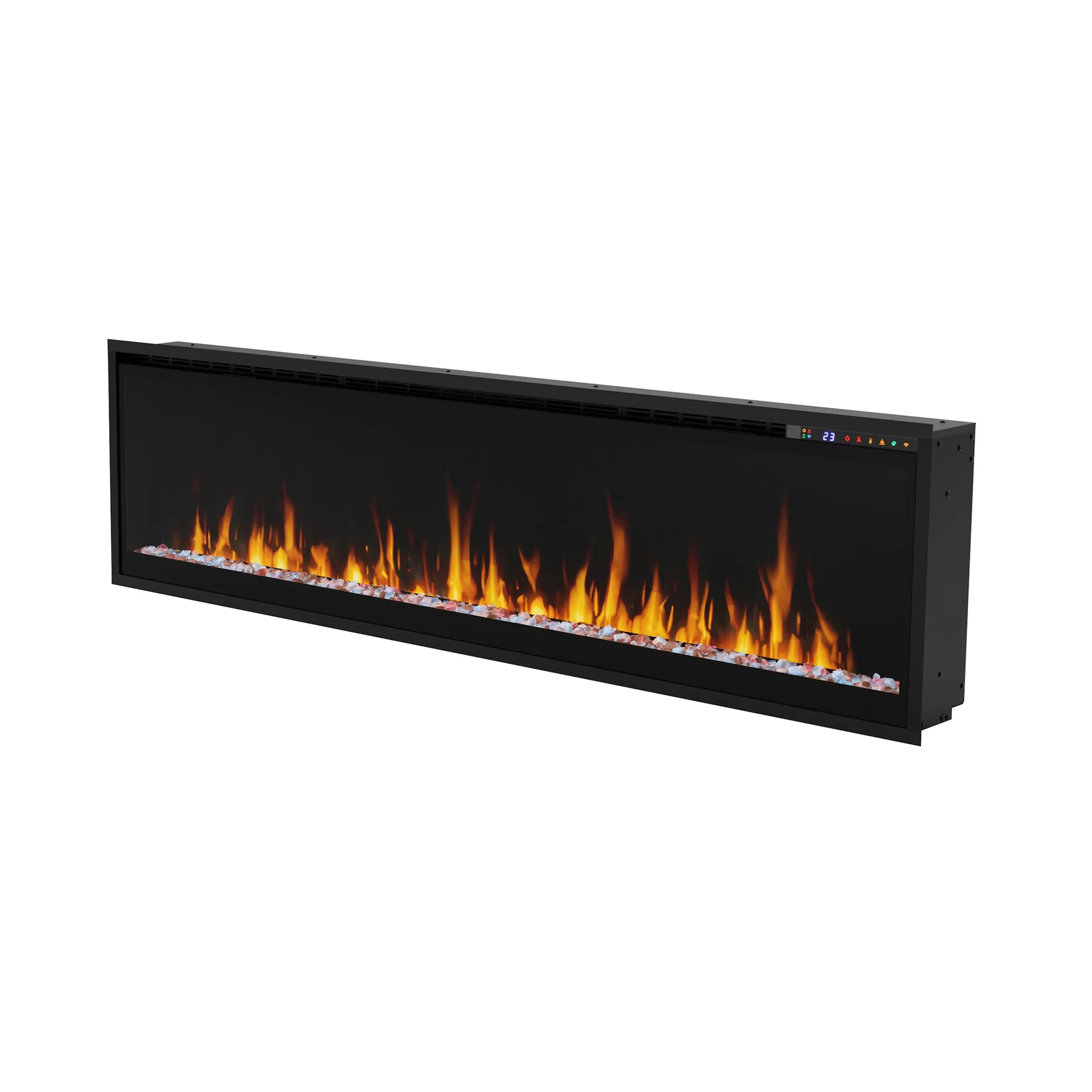 Black linear electric fireplace with orange flame effect, side perspective