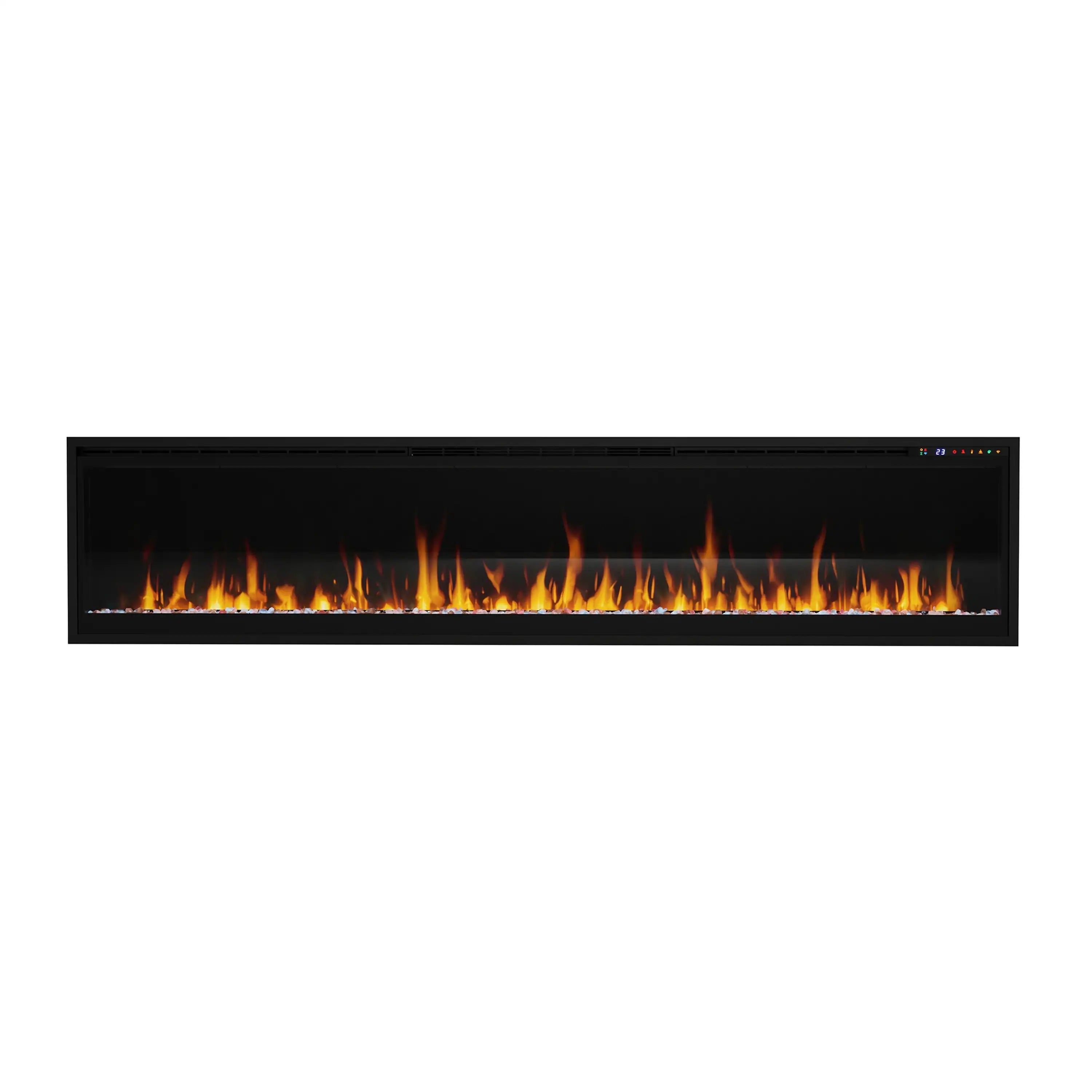 74-inch linear electric fireplace with dark frame and orange flame effect