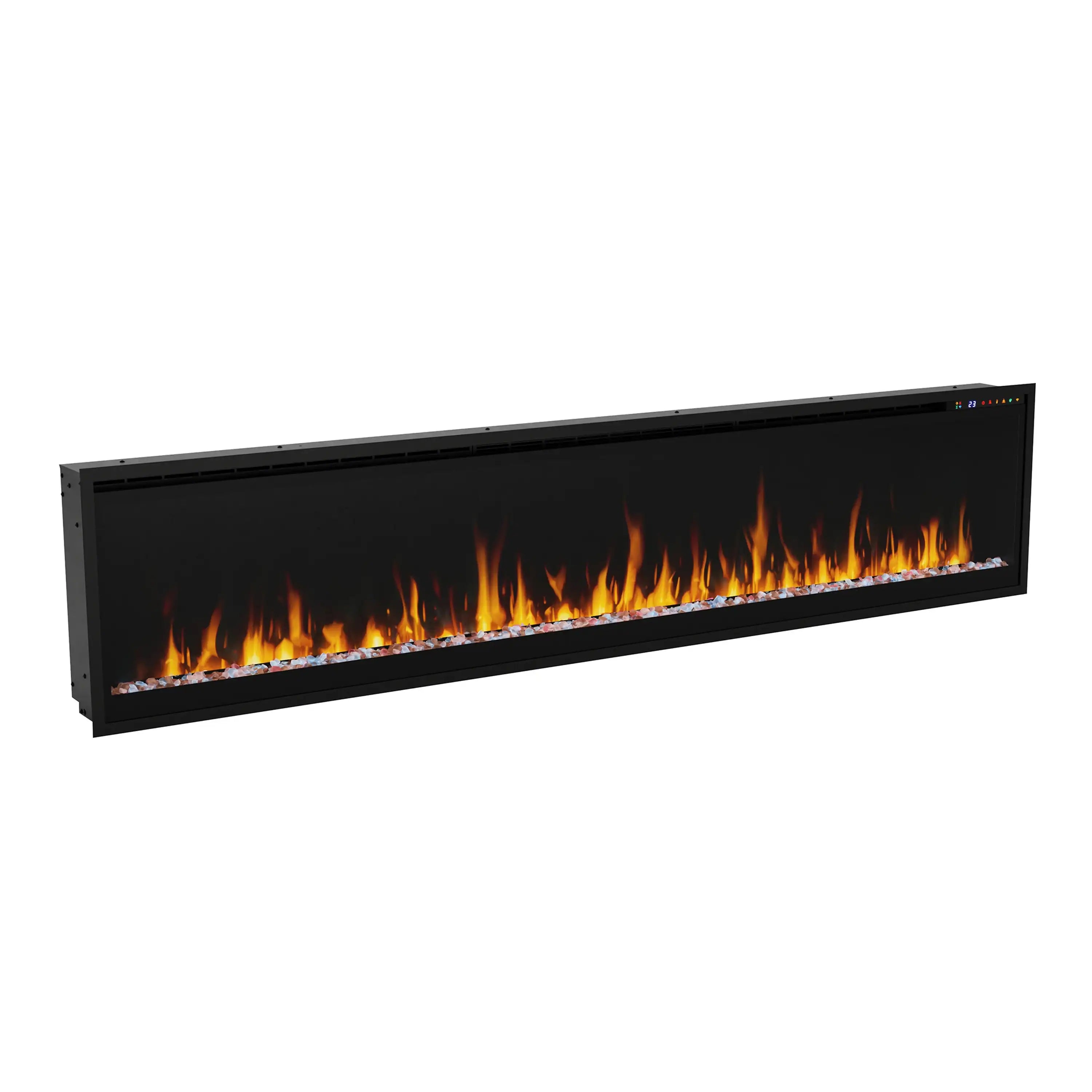 Linear electric fireplace angled view, dark casing with glowing orange flame window