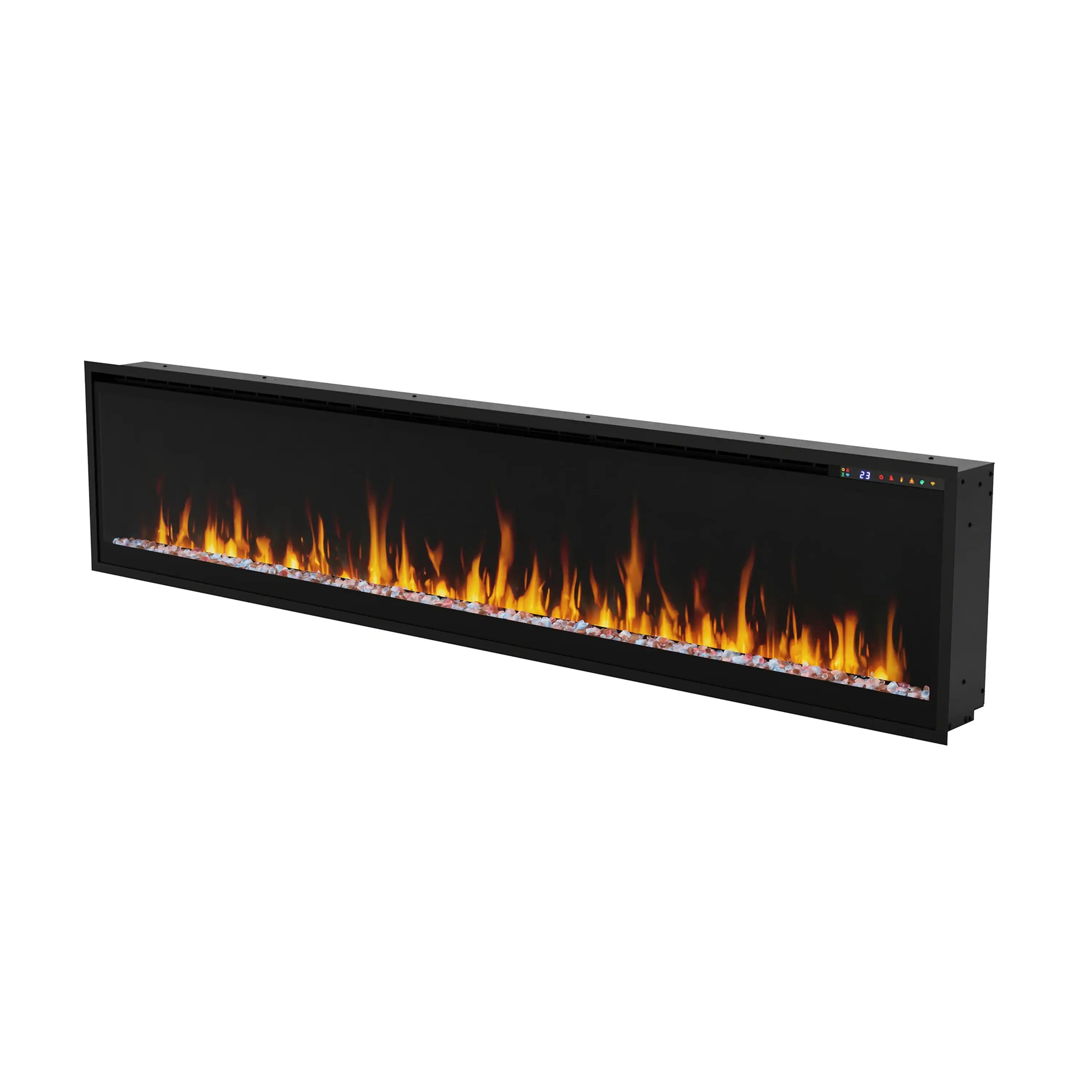 Linear electric fireplace, dark frame with orange flame screen and control lights