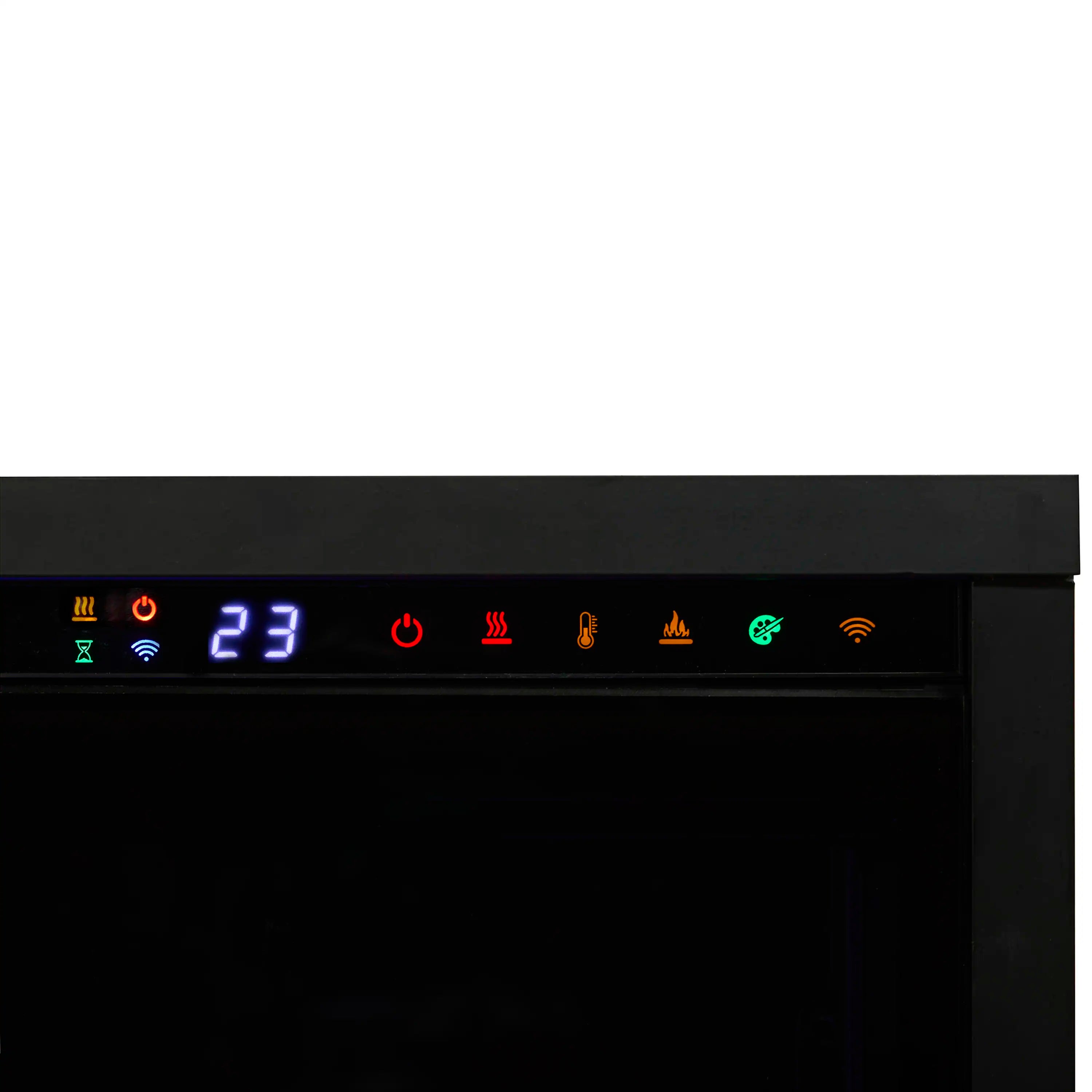 Electric fireplace control panel with digital display and multicolor flame mode icons