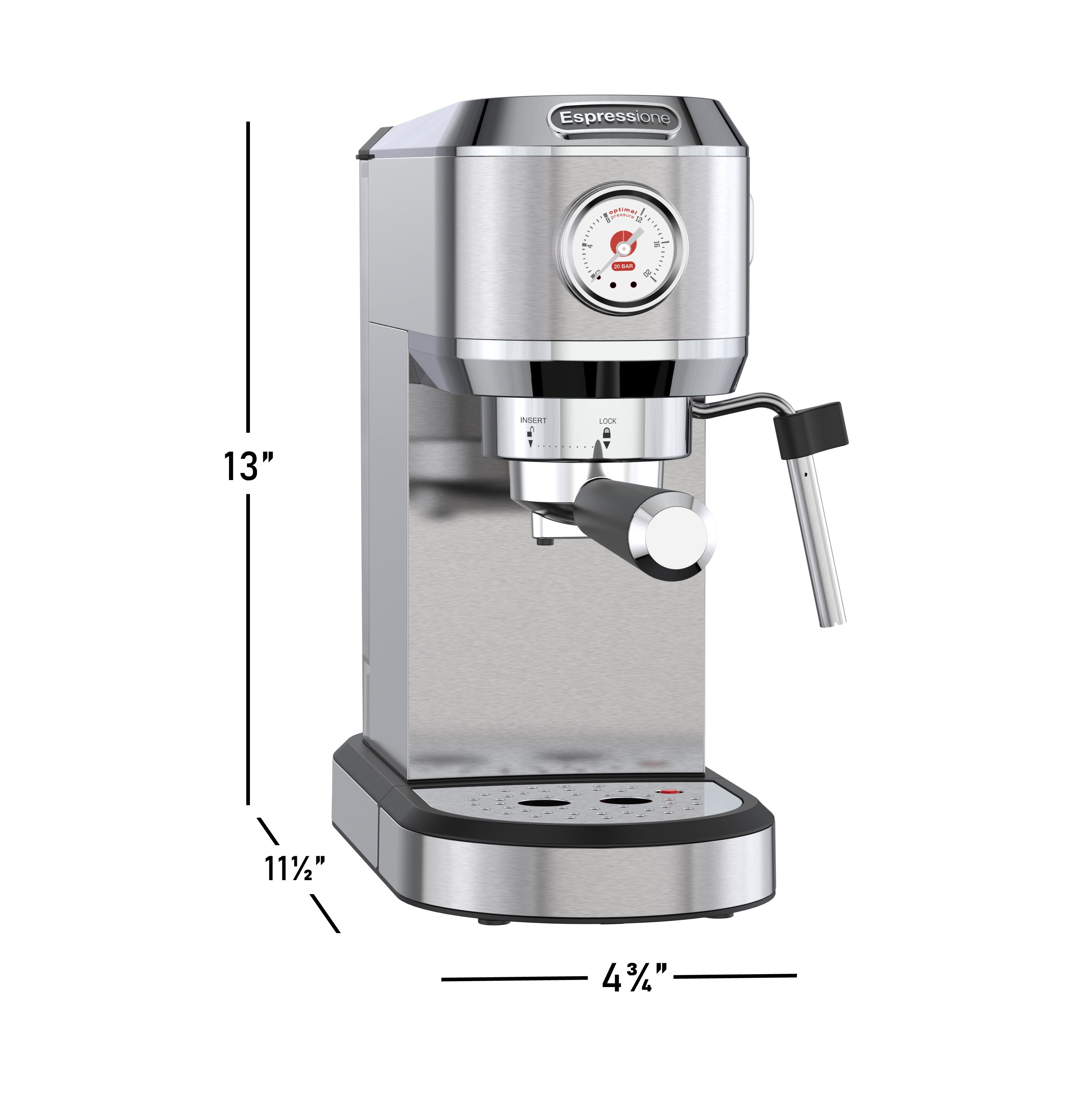 Espressione Flex manual espresso coffee machine, stainless steel, front view with portafilter