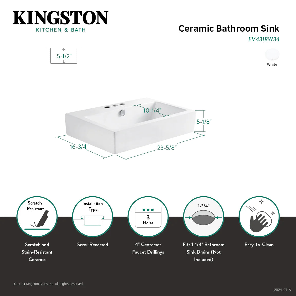 White rectangular ceramic bathroom sink, 4 in centers, 3 faucet holes