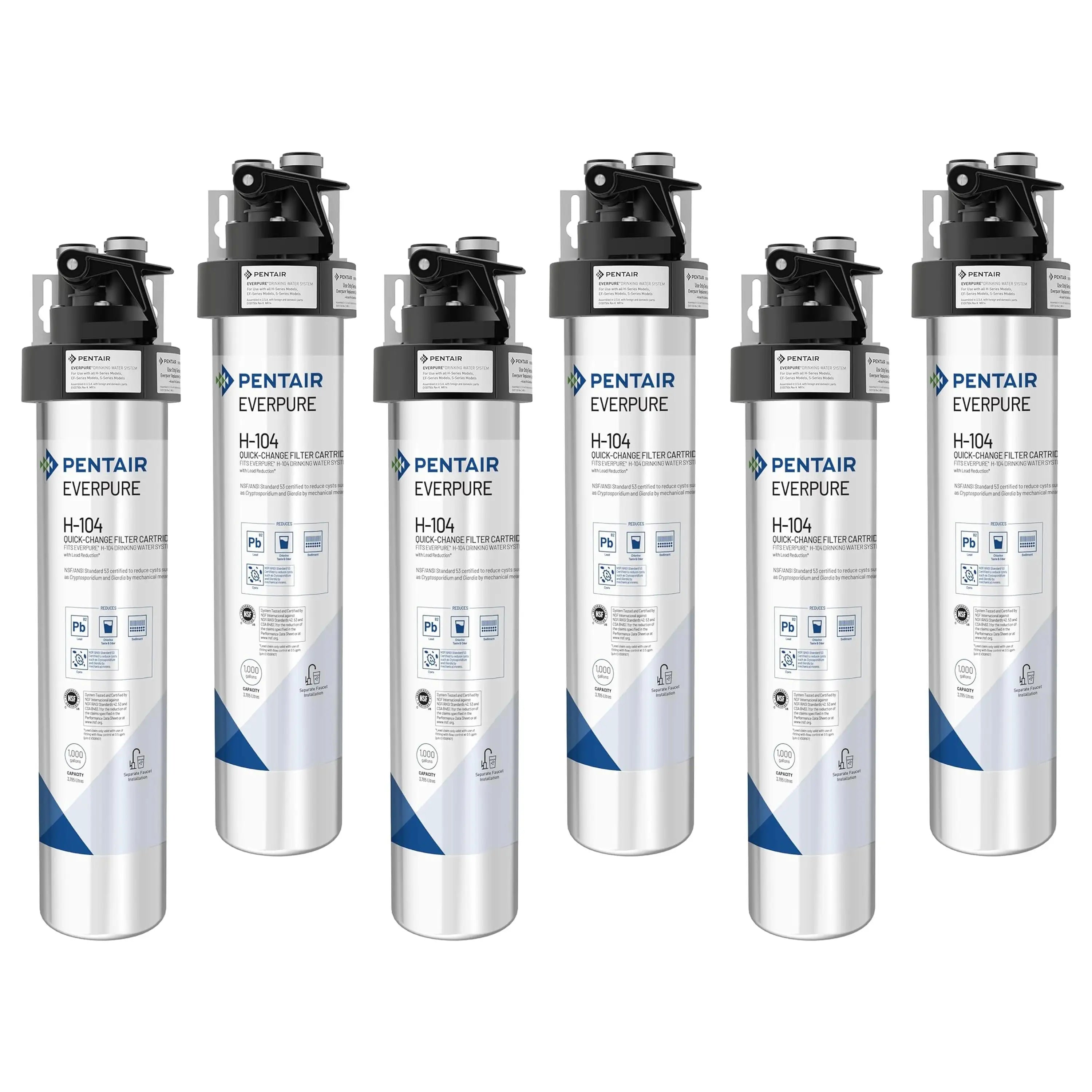 Everpure H-104 drinking water system filter cartridge, white cylinder with black top and labels